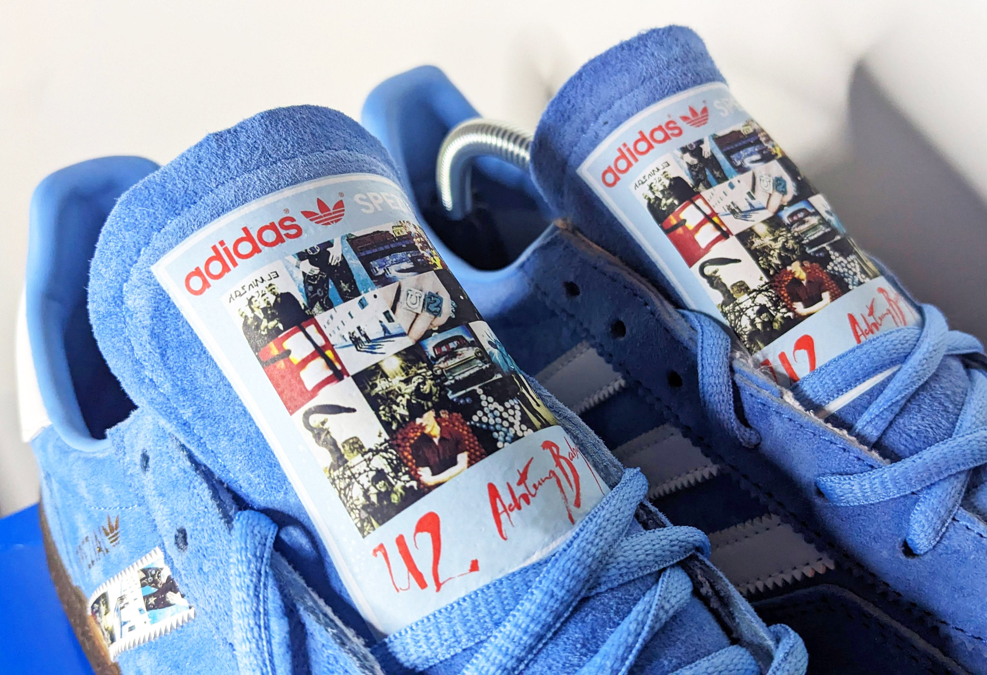 Limited edition U2 Achtung Baby Sky blue / white Adidas custom Handball Spezial trainers / sneakers