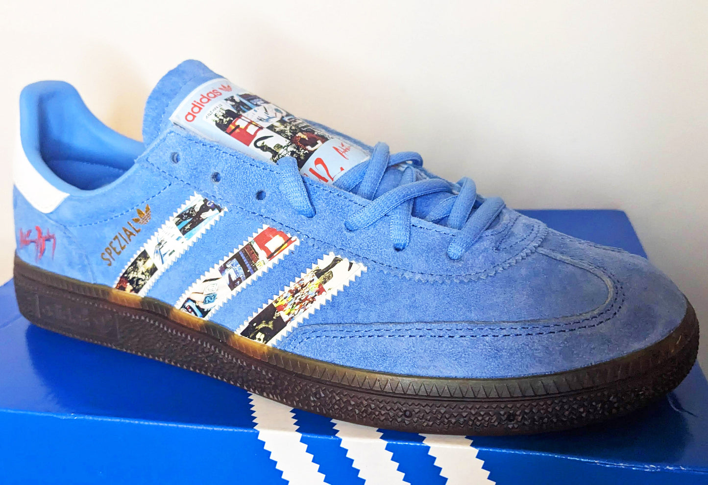 Limited edition U2 Achtung Baby Sky blue / white Adidas custom Handball Spezial trainers / sneakers