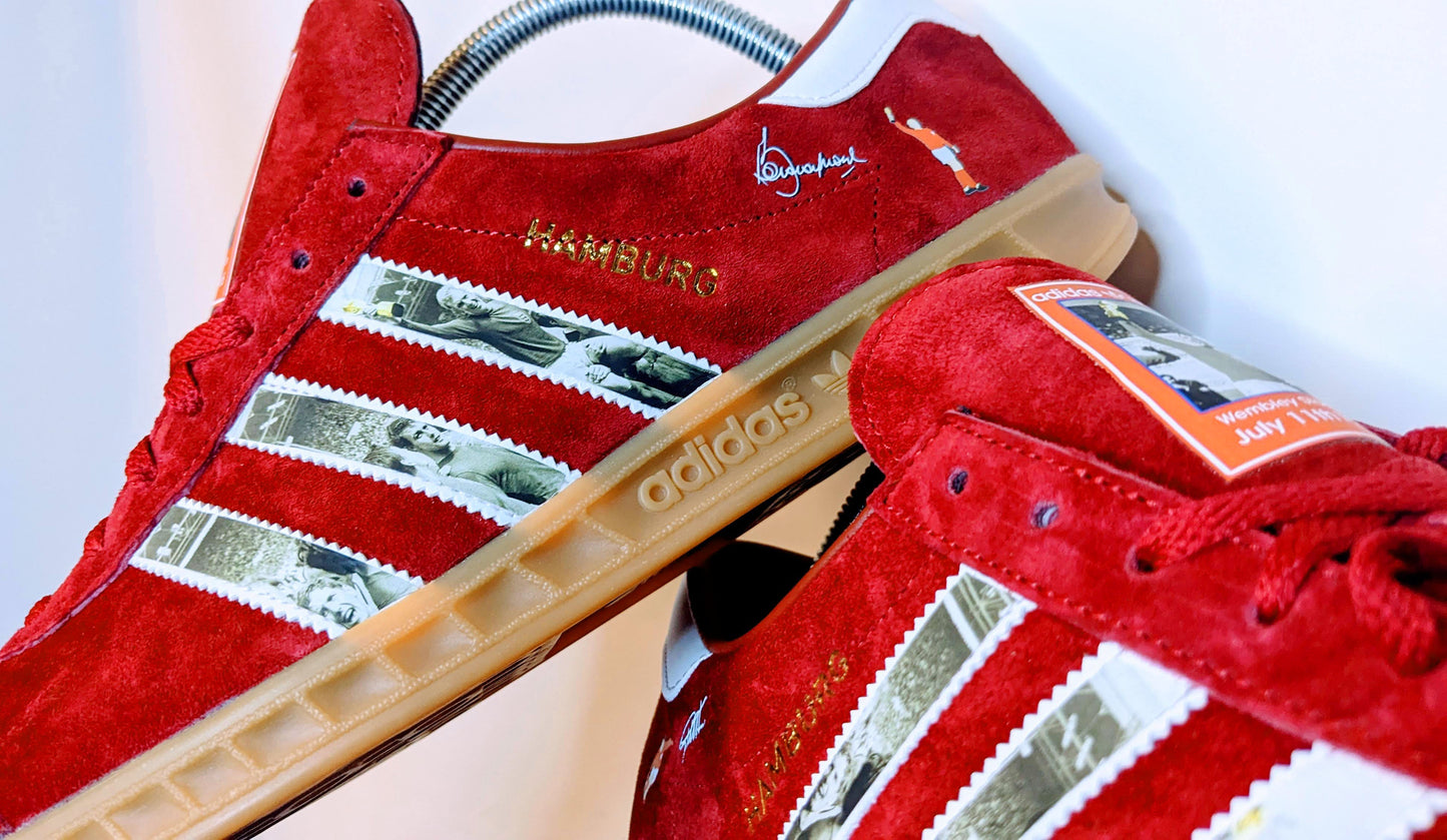 Limited edition England `66 world cup winners inspired dark red / white Adidas custom Hamburg trainers / sneakers