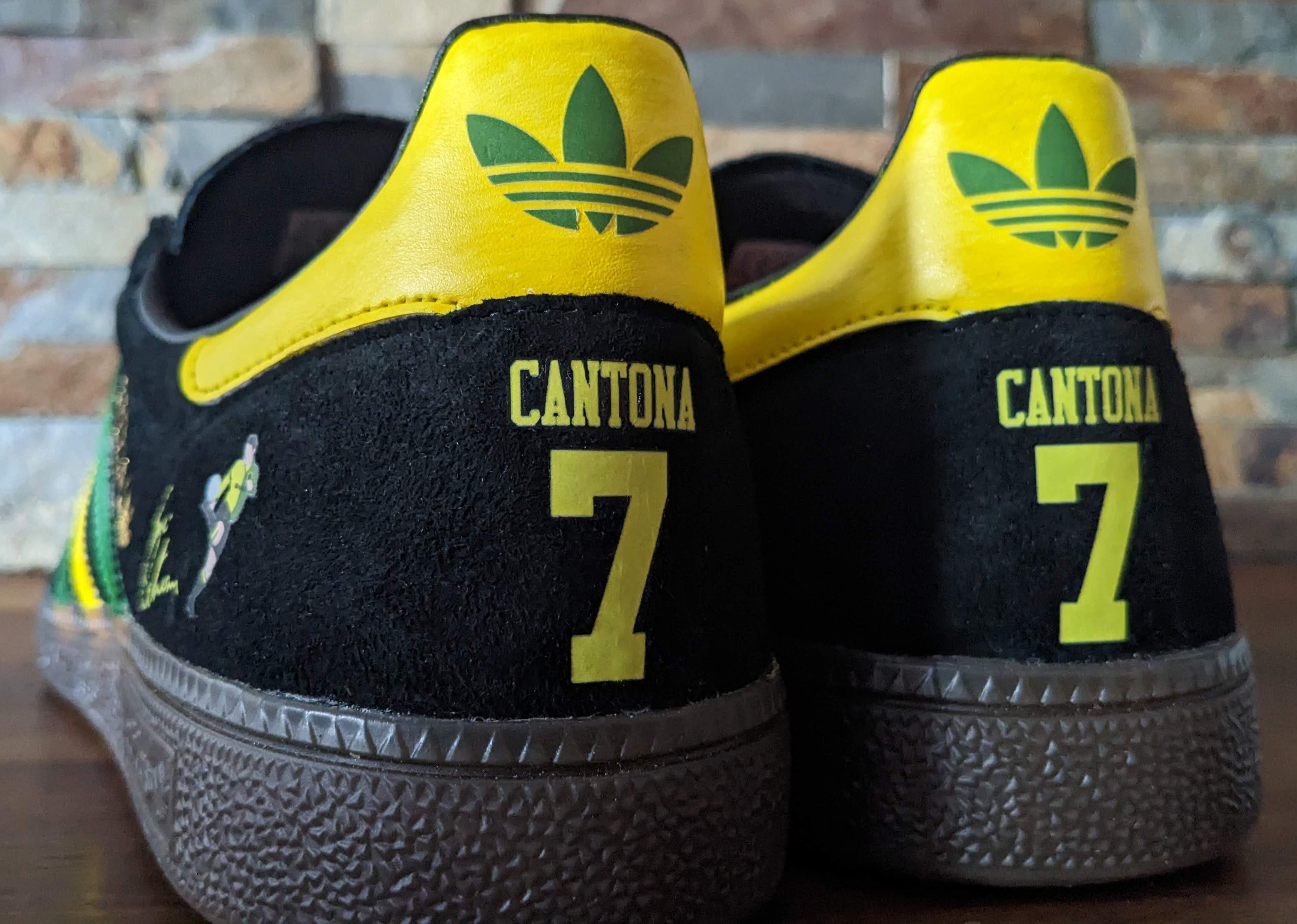 Limited edition Manchester United Eric Cantona inspired Black /Green/ Yellow Adidas custom Handball Spezial trainers  / sneakers