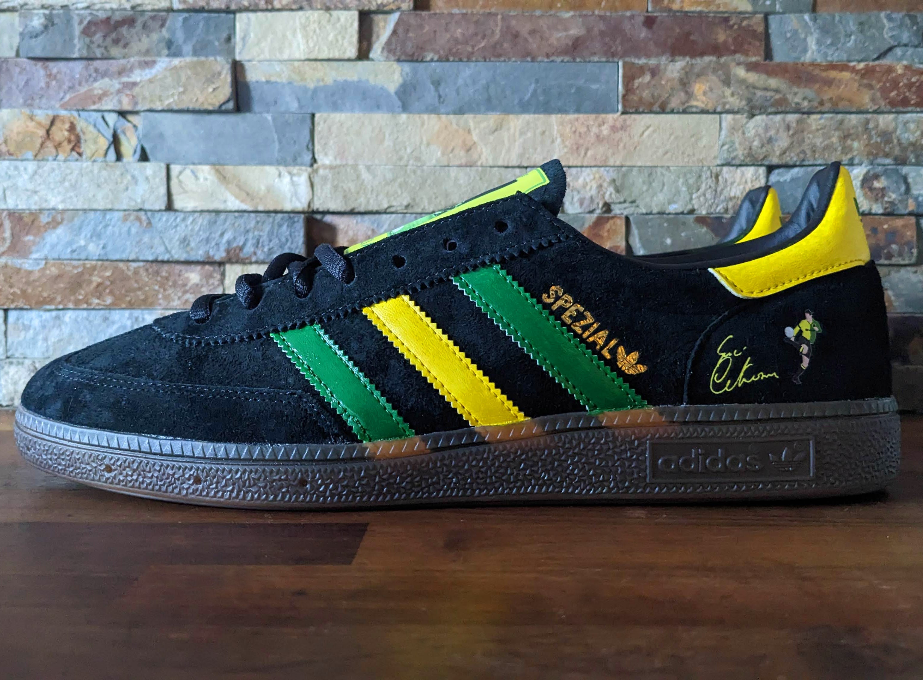 Limited edition Manchester United Eric Cantona inspired Black /Green/ Yellow Adidas custom Handball Spezial trainers  / sneakers