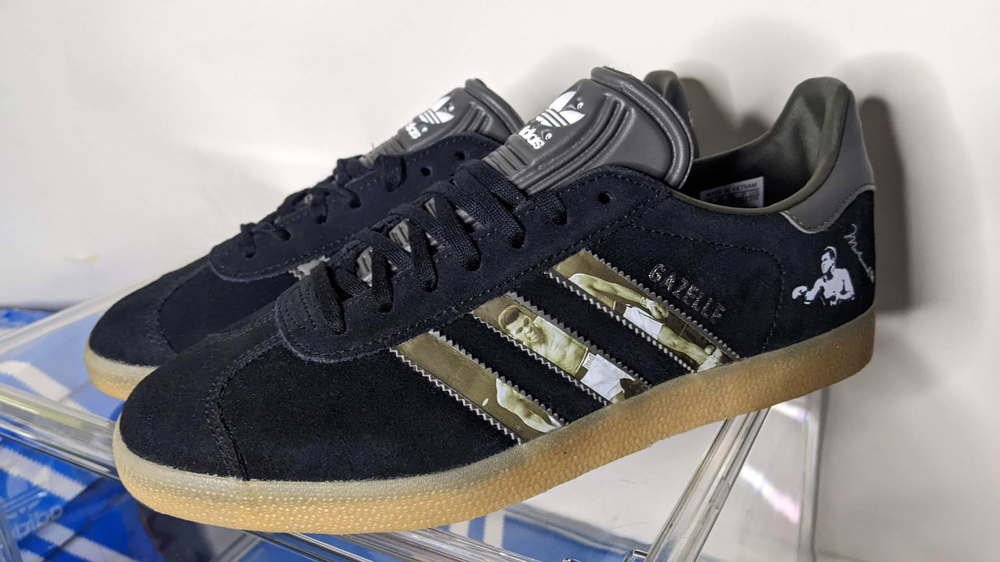 Limited edition Muhammad Ali inspired Black / Grey Adidas custom Gazelle trainers / sneakers