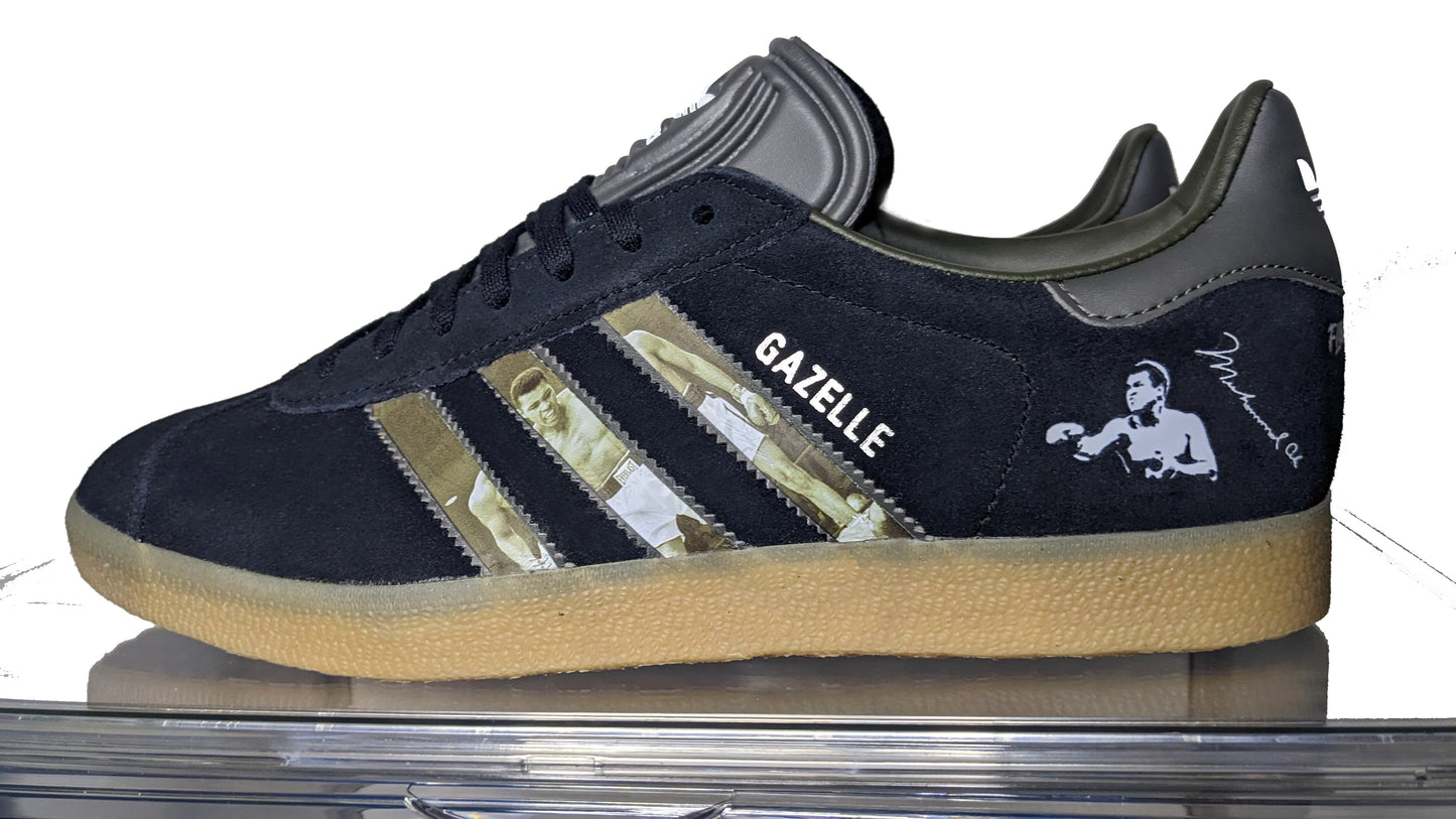 Limited edition Muhammad Ali inspired Black / Grey Adidas custom Gazelle trainers / sneakers