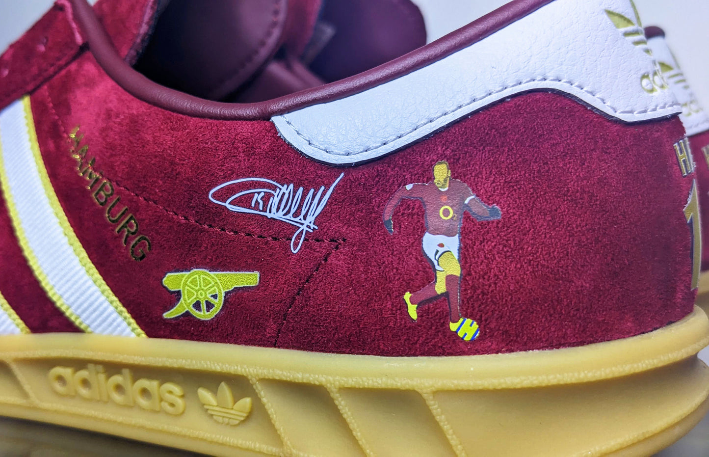 Limited edition Arsenal FC Thierry Henry burgundy / gold Adidas custom Hamburg trainers / sneakers