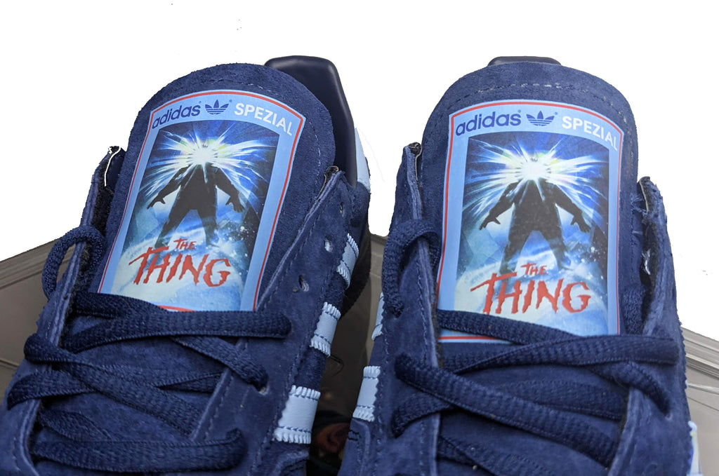 Limited edition John Carpenters The Thing movie inspired navy blue /sky blue Adidas custom Handball Spezial trainers / sneakers