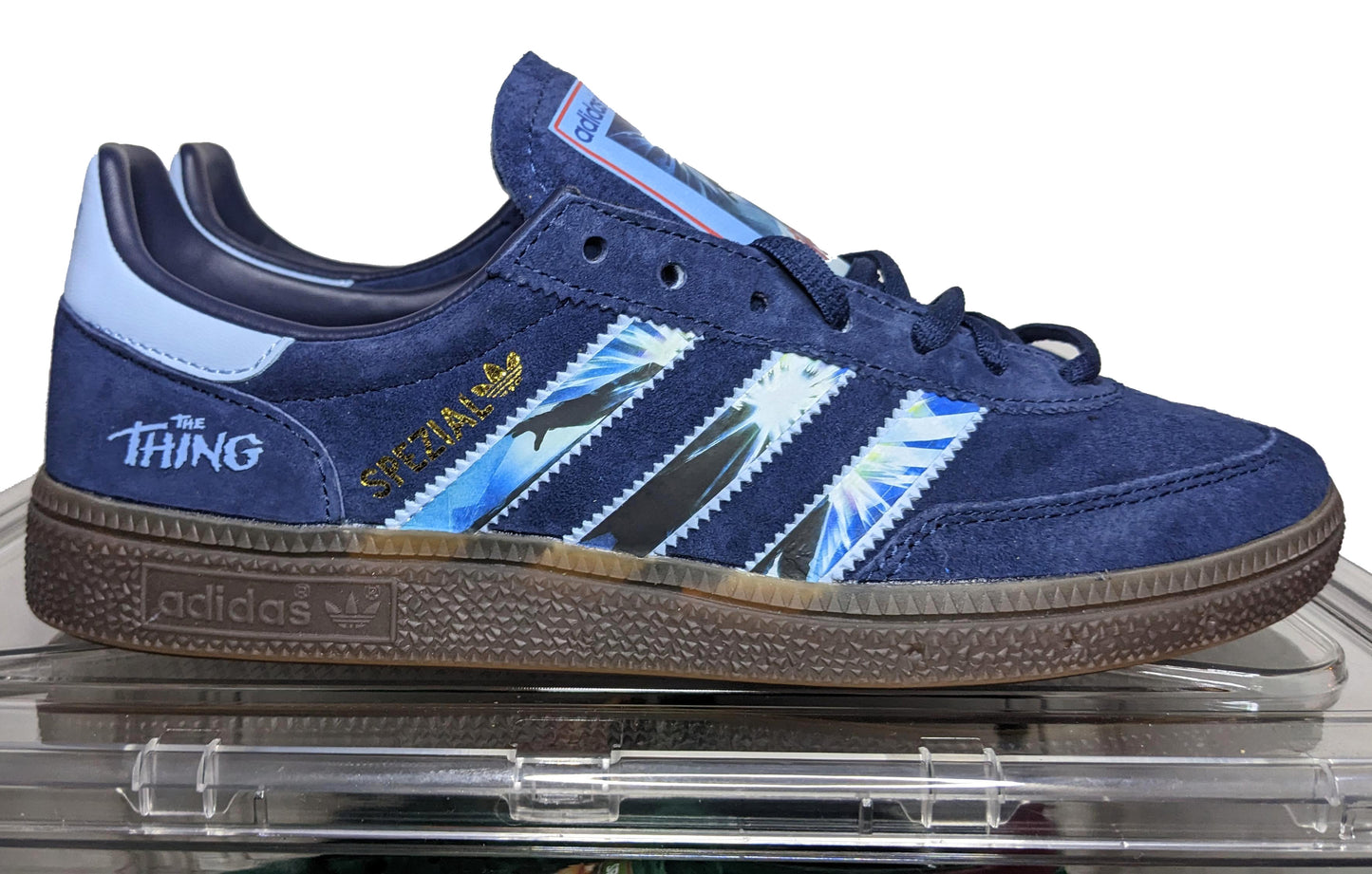Limited edition John Carpenters The Thing movie inspired navy blue /sky blue Adidas custom Handball Spezial trainers / sneakers