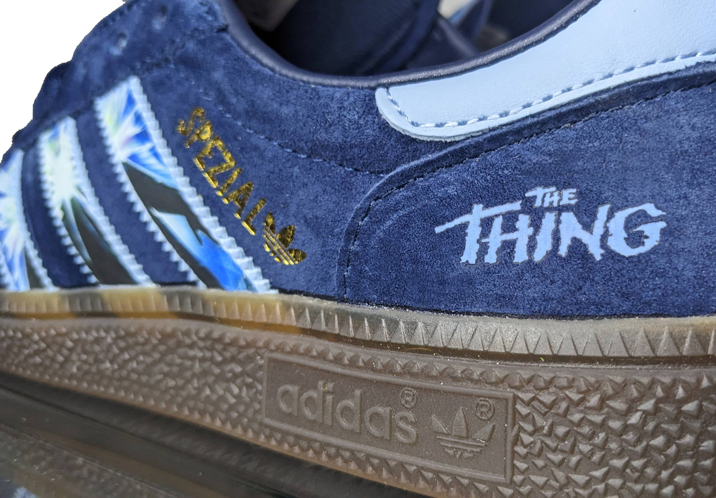 Limited edition John Carpenters The Thing movie inspired navy blue /sky blue Adidas custom Handball Spezial trainers / sneakers