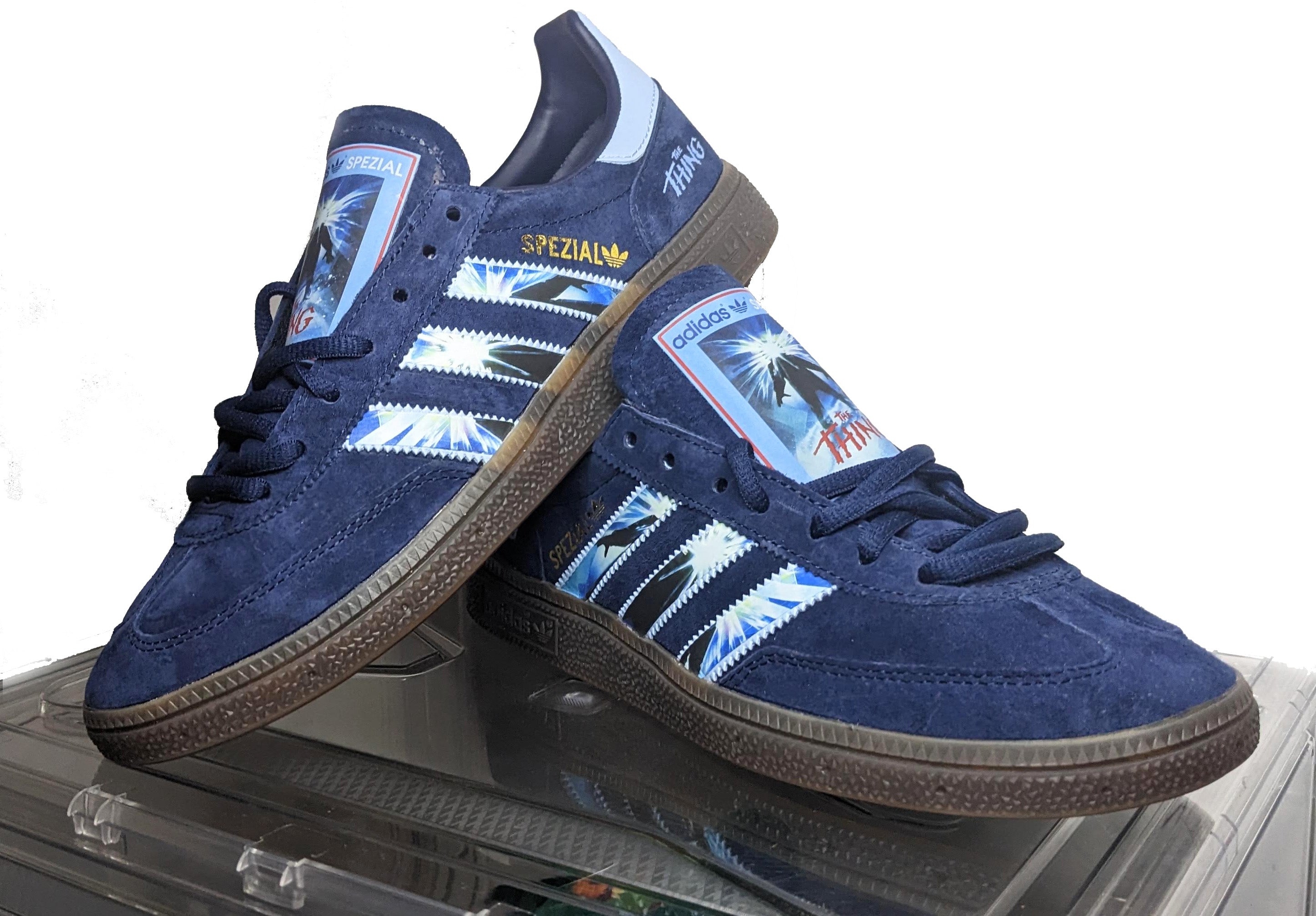 Limited edition John Carpenters The Thing movie inspired navy blue /sky blue Adidas custom Handball Spezial trainers / sneakers