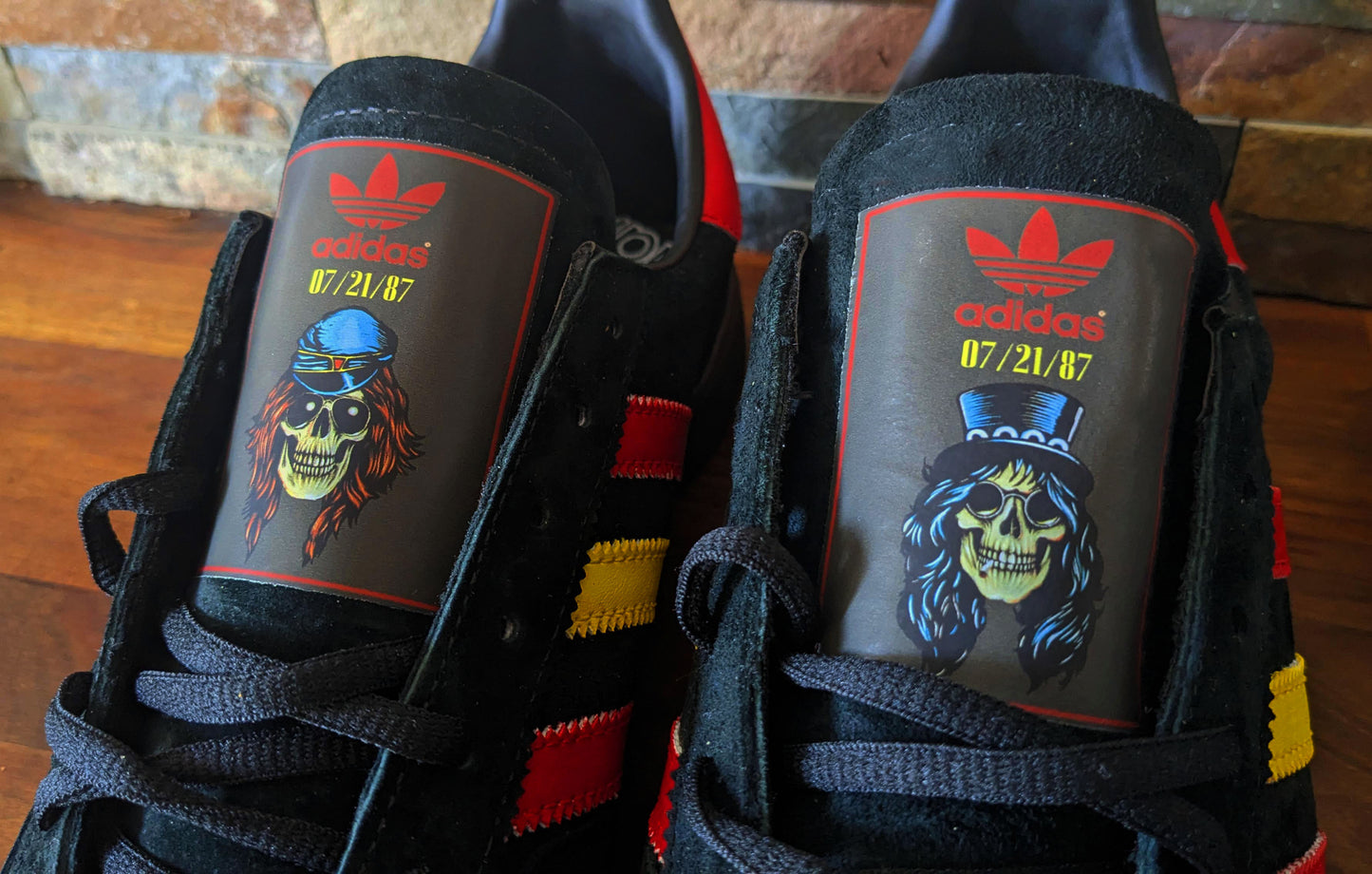 Limited edition Guns N Roses Appetite For Destruction black / red / yellow Adidas custom Handball Spezial trainers / sneakers