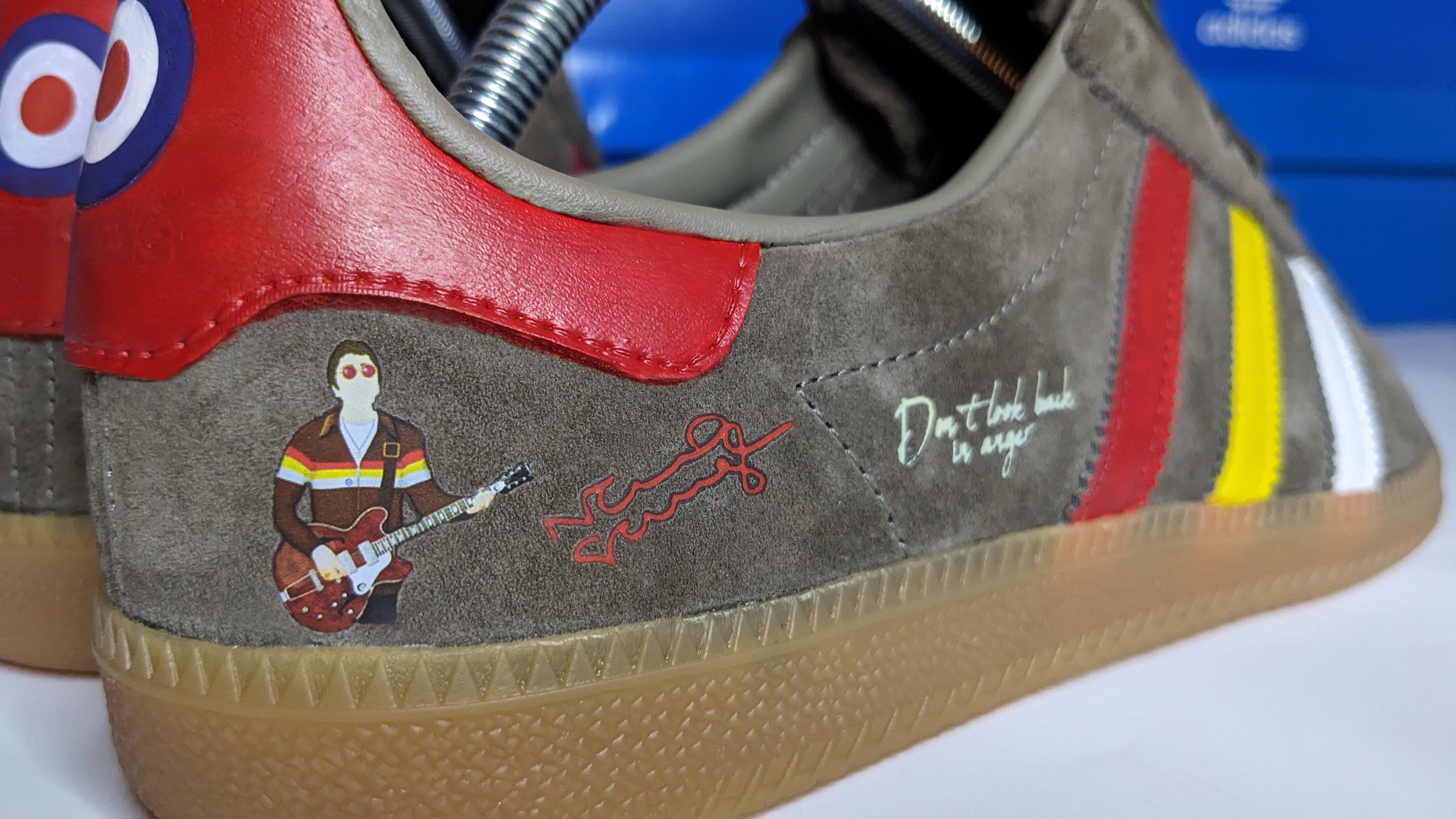 Limited edition Oasis Don`t look back in anger video inspired brown / red /  yellow / white Adidas custom Originals trainers / sneakers