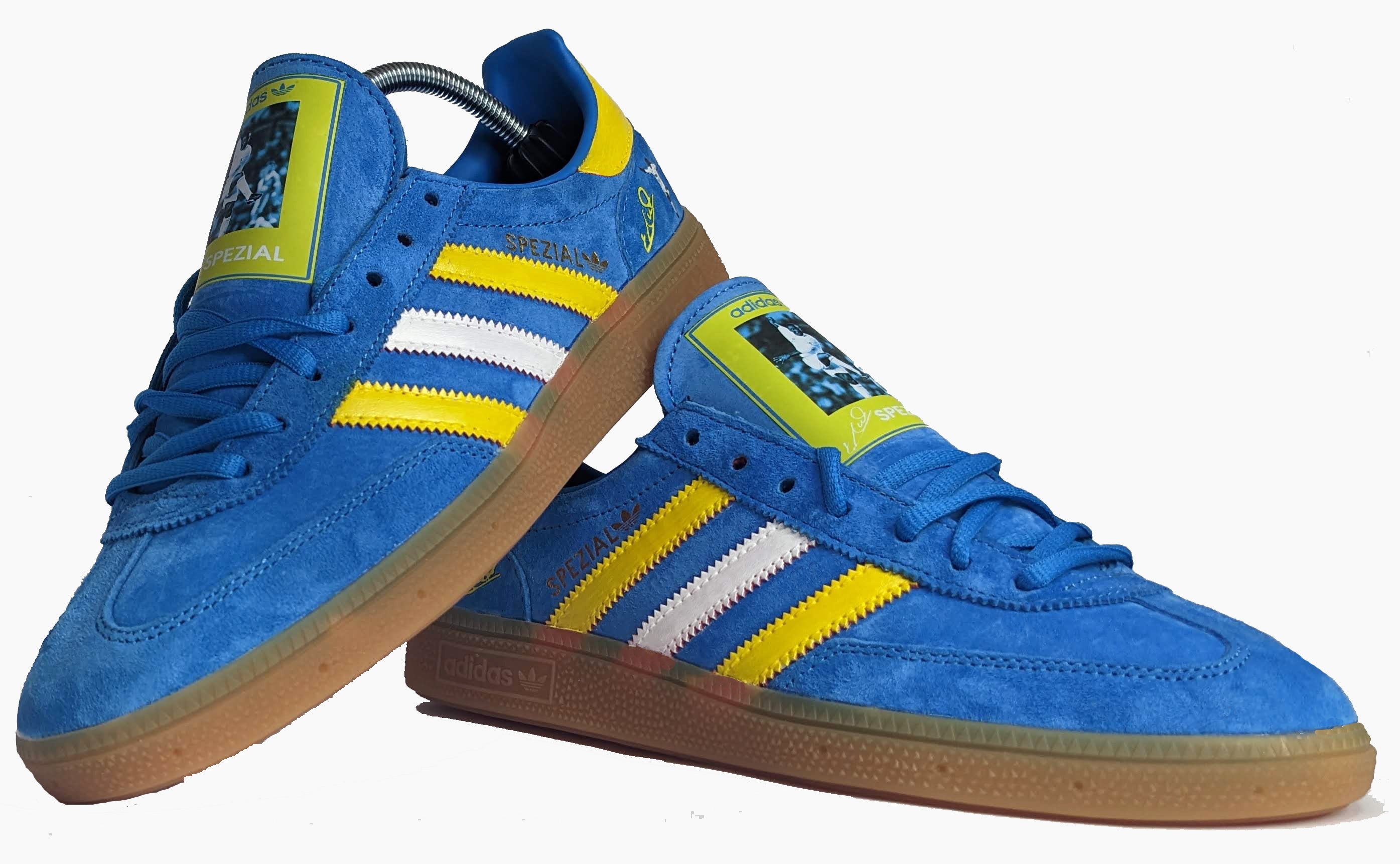 Limited edition Leeds United FC retro Tony Yeboah inspired blue /yellow Adidas custom Handball Spezial trainers / sneakers
