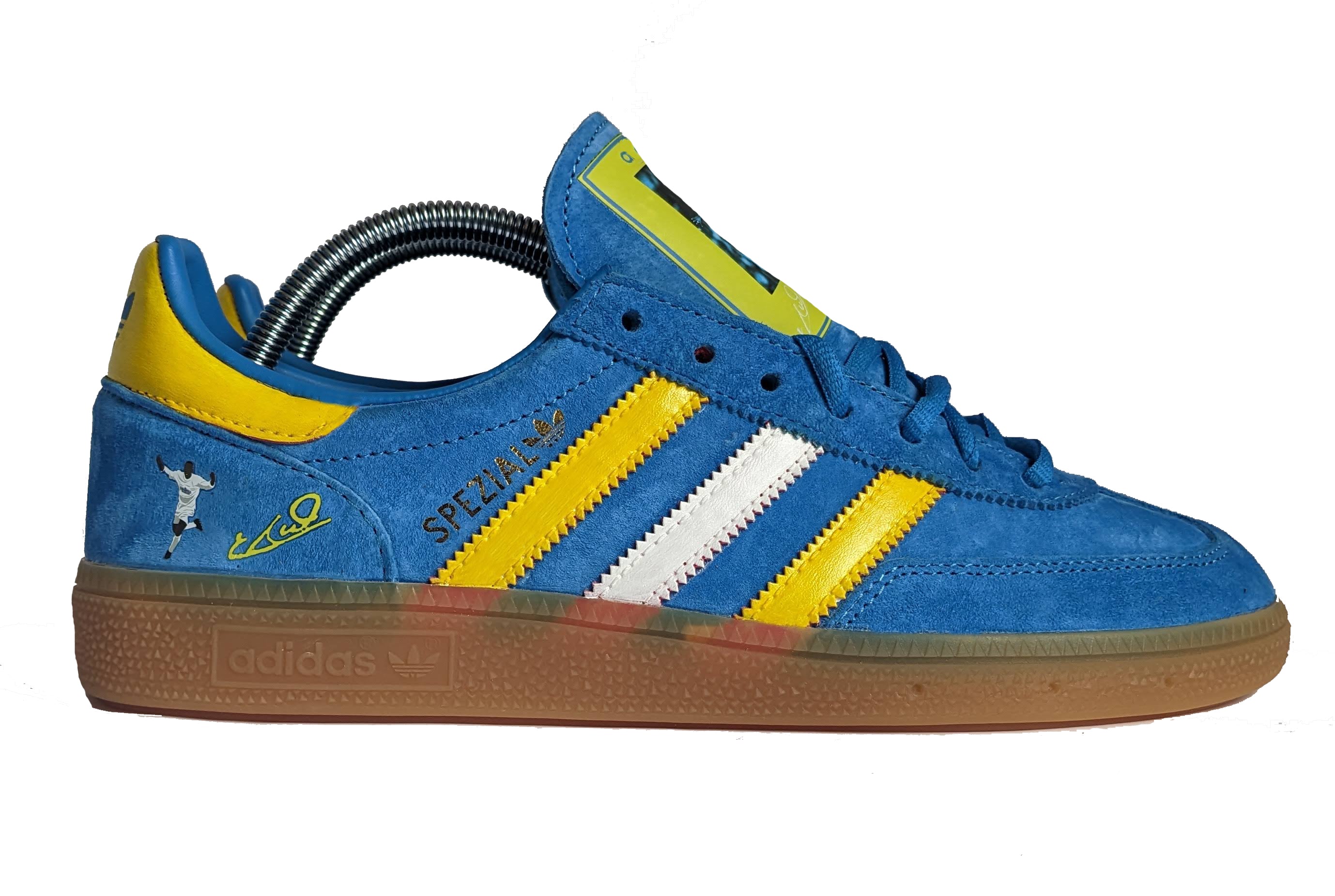 Limited edition Leeds United FC retro Tony Yeboah inspired blue /yellow Adidas custom Handball Spezial trainers / sneakers