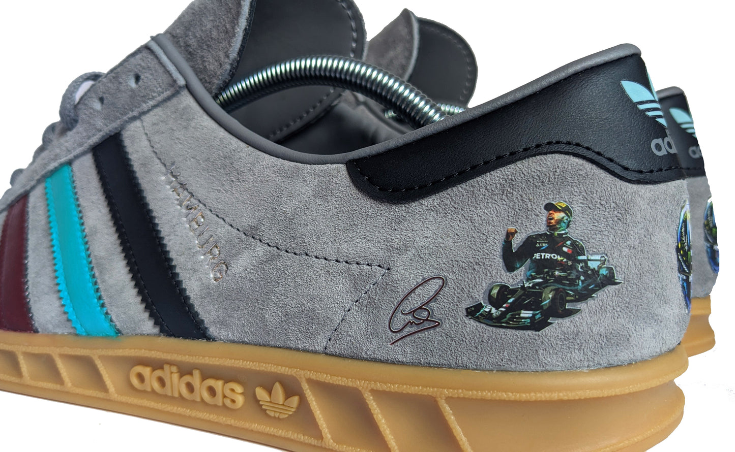 Limited edition F1 Lewis Hamilton grey / black Adidas custom Hamburg trainers / sneakers