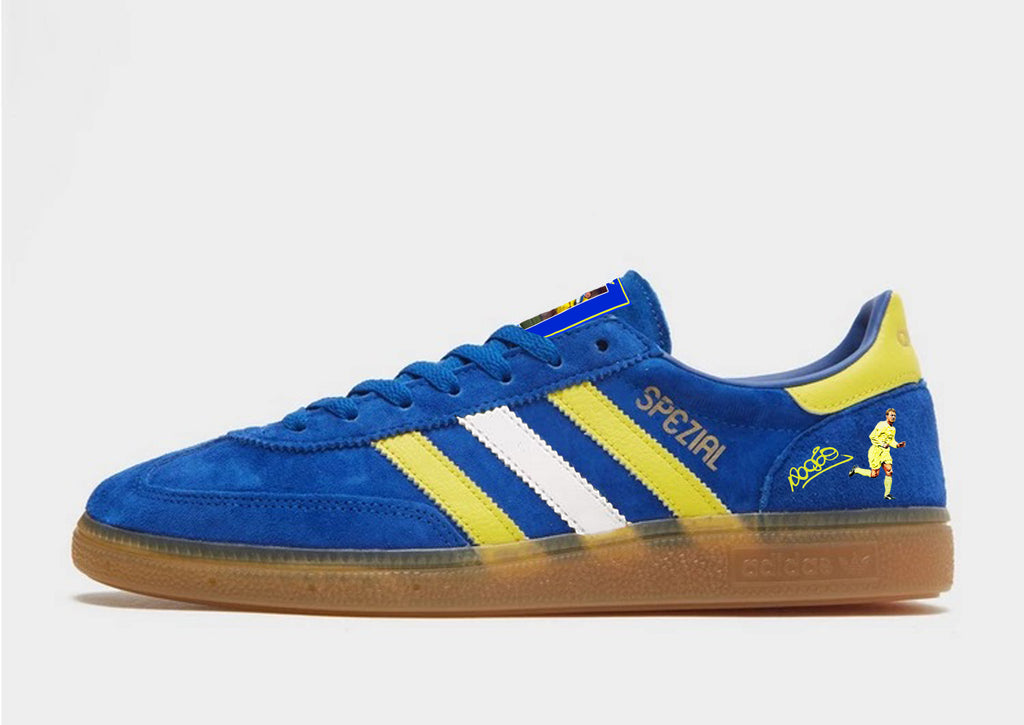 Limited edition Leeds utd FC retro David  Batty inspired blue / yellow suede adidas handball spezial trainers