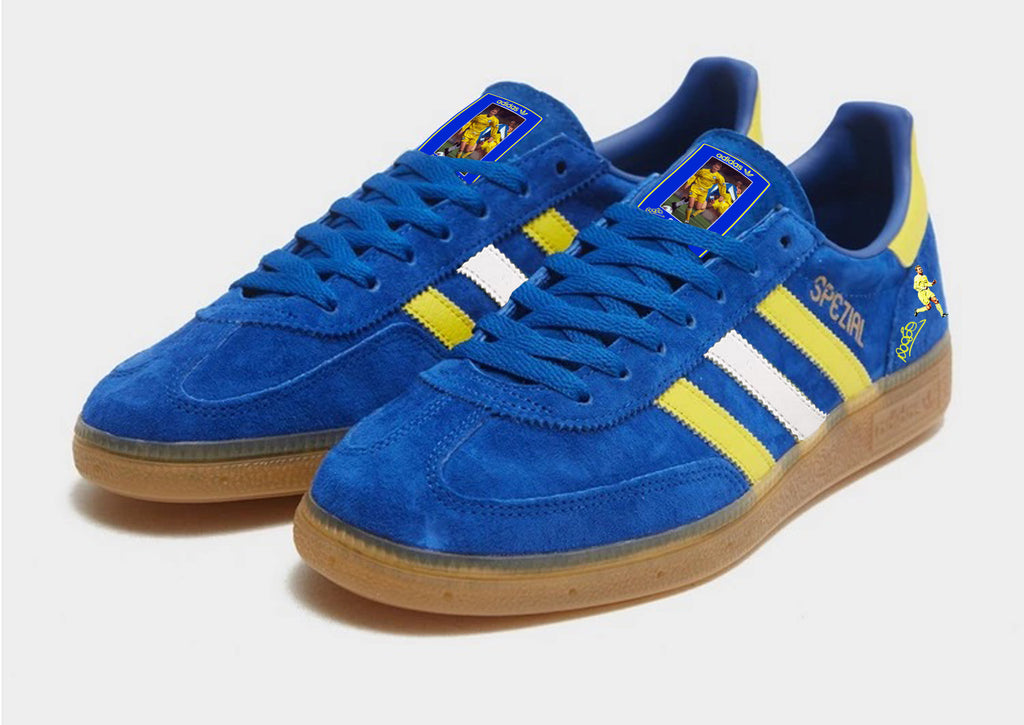 Limited edition Leeds utd FC retro David  Batty inspired blue / yellow suede adidas handball spezial trainers
