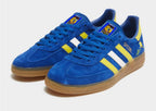 Limited edition Leeds utd FC retro David  Batty inspired blue / yellow suede adidas handball spezial trainers