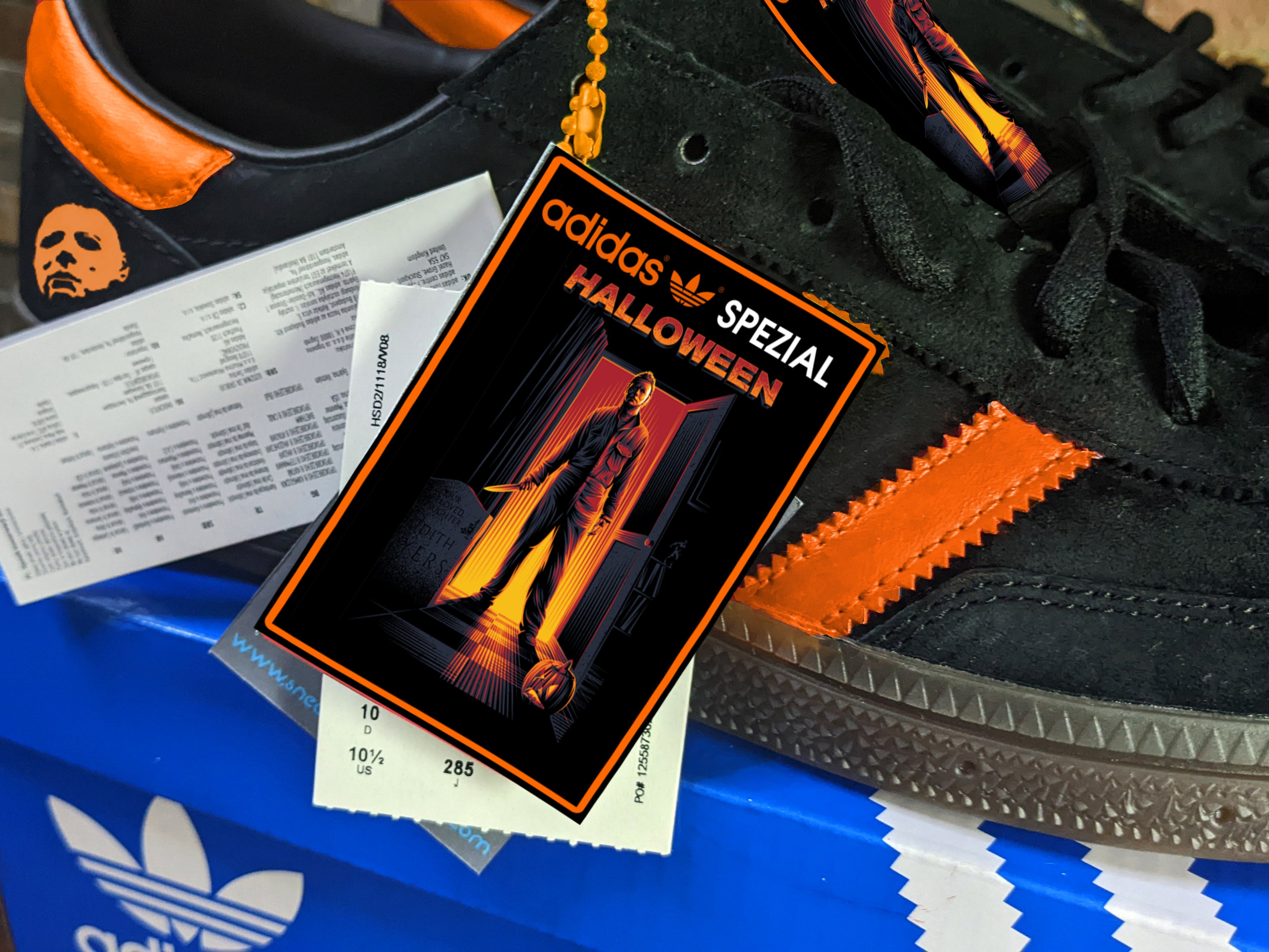 Limited edition John Carpenters Halloween horror movie black / orange Adidas custom Handball Spezial trainers / sneakers