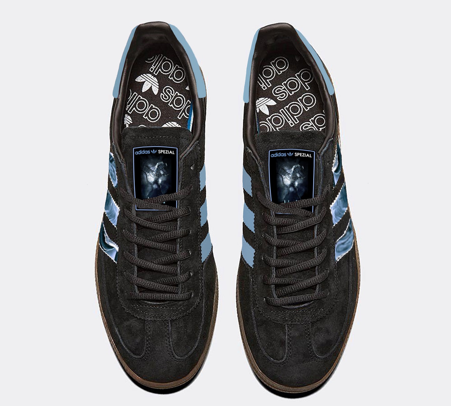 Limited edition Ridley Scotts Aliens inspired black / light blue Adidas Handball Spezial trainers / sneakers