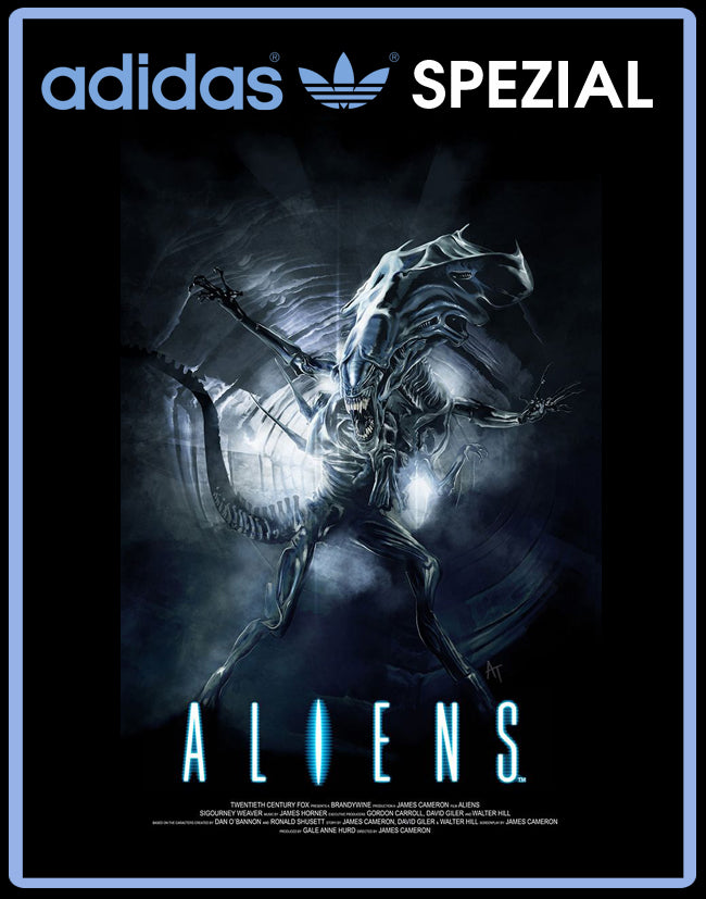 Limited edition Ridley Scotts Aliens inspired black / light blue Adidas Handball Spezial trainers / sneakers
