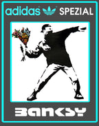 Limited edition Banksy Flower Thrower black/ white/ turquoise Adidas custom Handball Spezial trainers / sneakers