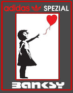 Limited edition Banksy Balloon Girl black/ white/ red Adidas custom Handball Spezial trainers / sneakers