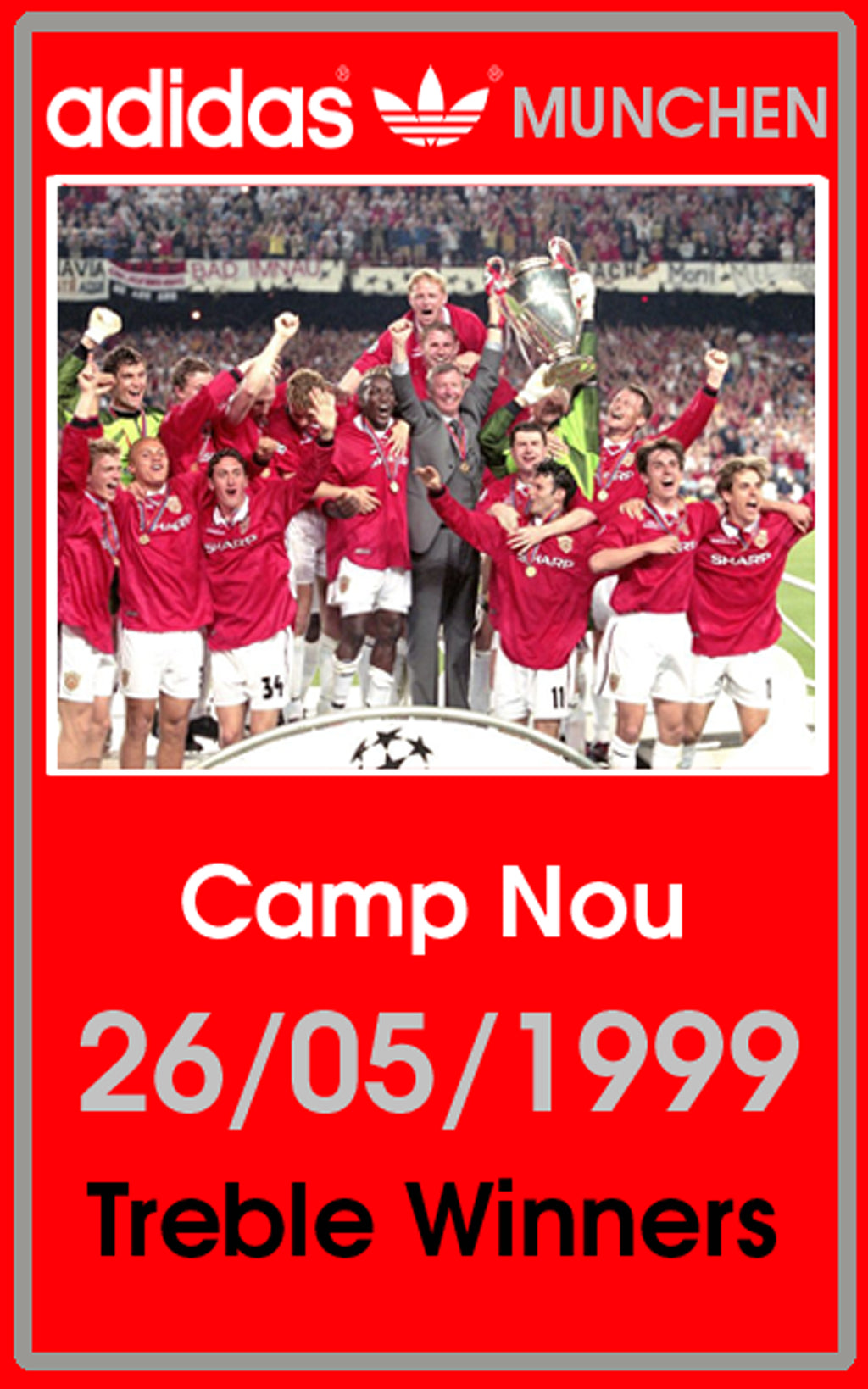 Limited edition Manchester United Treble winners inspired Red / Silver Adidas custom Munchen trainers  / sneakers