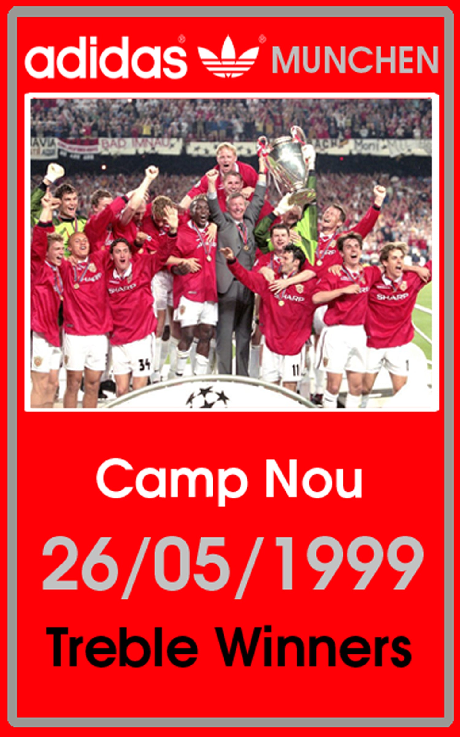 Limited edition Manchester United Treble winners inspired Red / Silver Adidas custom Munchen trainers  / sneakers