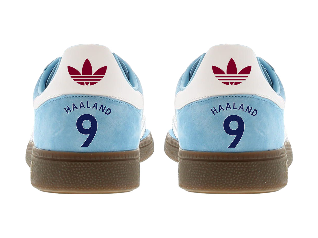 Limited edition Manchester City Erling Haaland inspired blue/ white / burgundy Adidas custom Handball Spezial trainers / sneakers