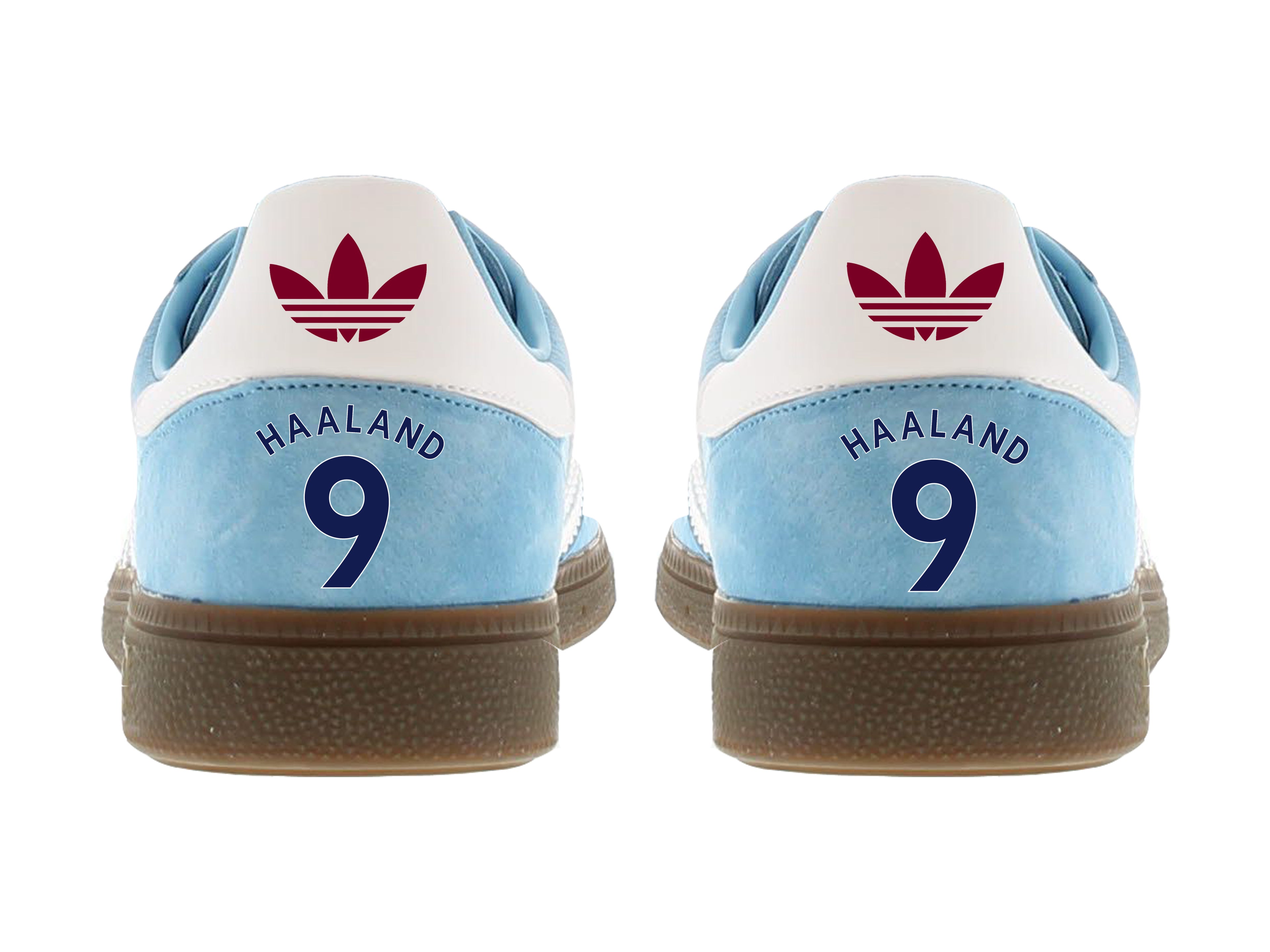 Limited edition Manchester City Erling Haaland inspired blue/ white / burgundy Adidas custom Handball Spezial trainers / sneakers