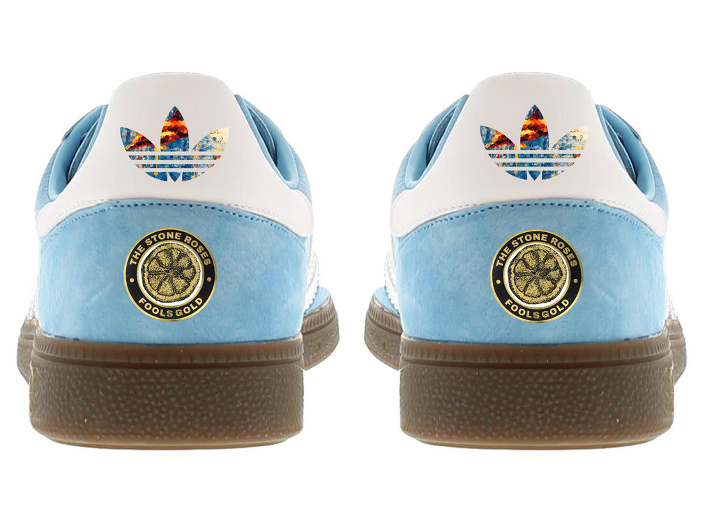 Limited edition The Stone Roses Fools gold light blue / white Adidas custom Handball Spezial trainers / sneakers