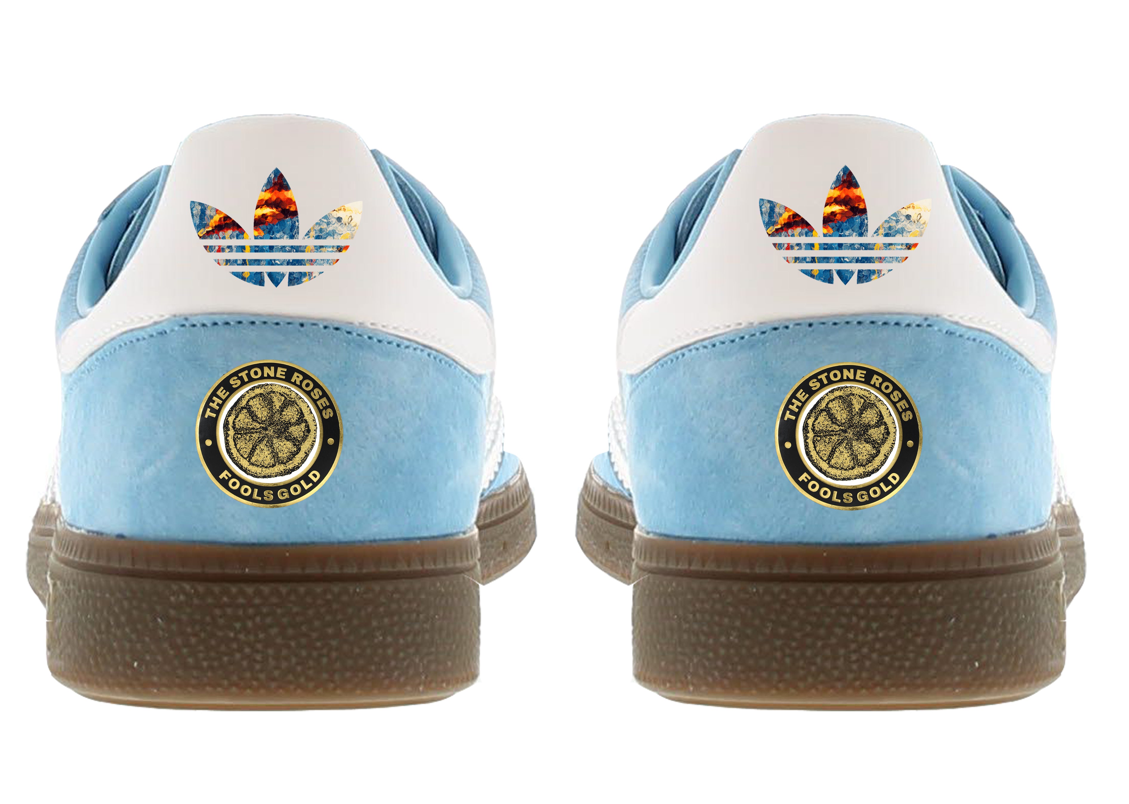 Limited edition The Stone Roses Fools gold light blue / white Adidas custom Handball Spezial trainers / sneakers