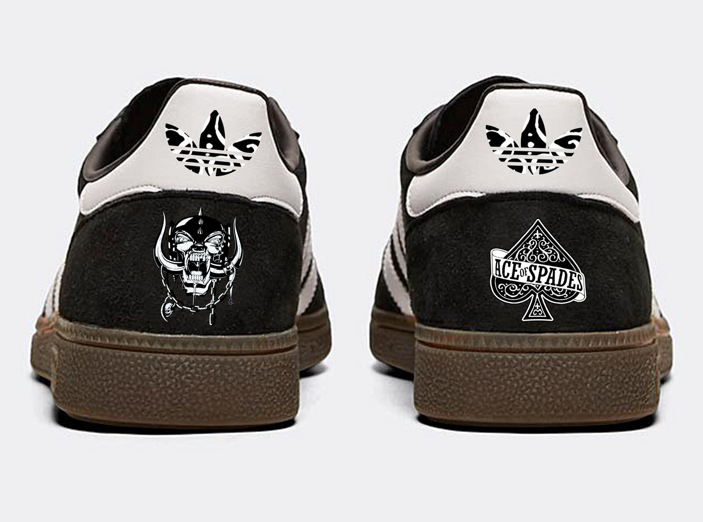 Limited edition Motorhead Lemmy Ace of spades black / white / grey Adidas custom Handball Spezial trainers / sneakers.