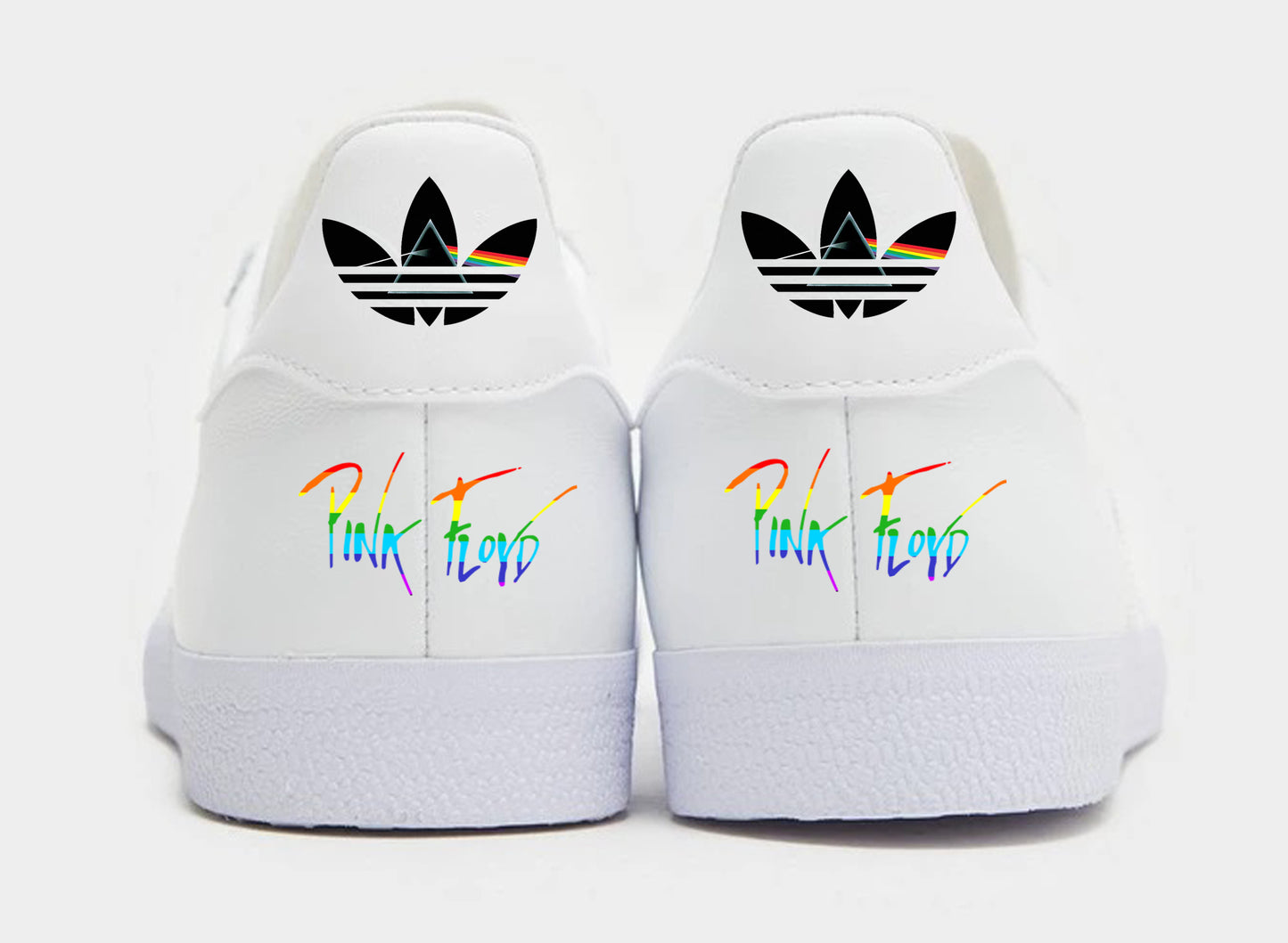 Limited edition Pink Floyd The Dark side of the moon 50th anniversary custom adidas originals white Gazelle trainers / sneakers