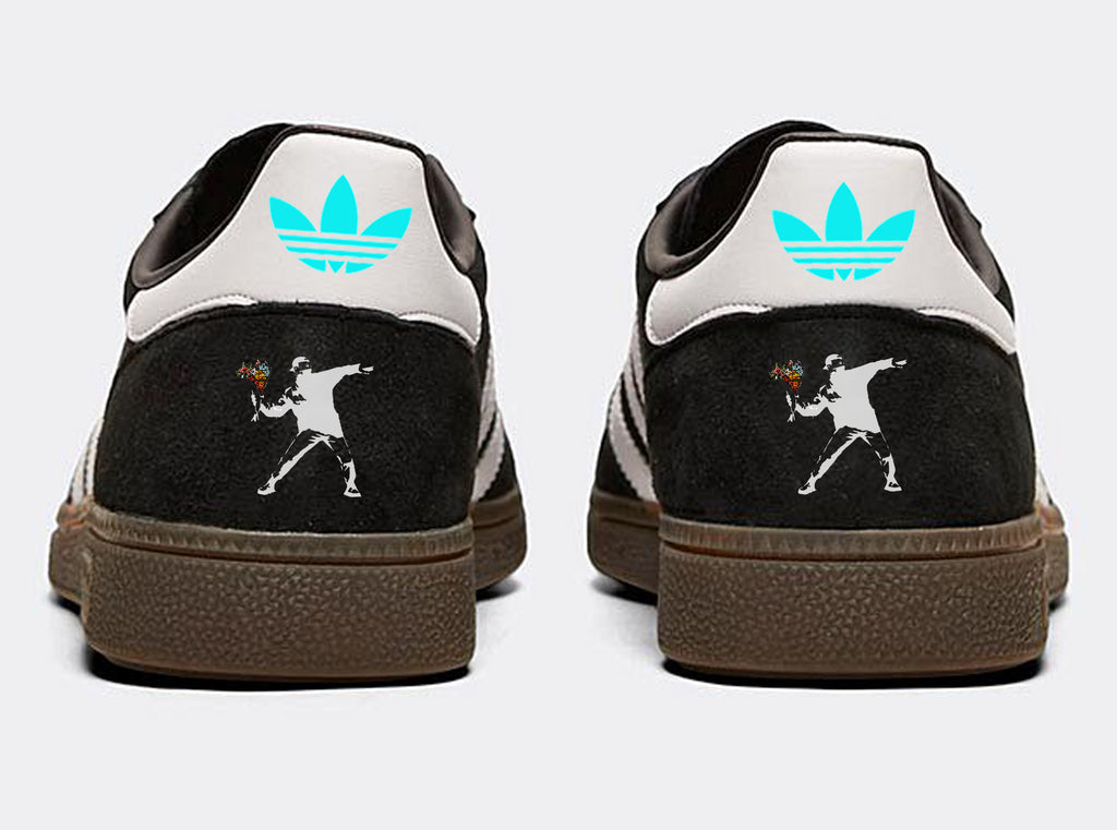 Limited edition Banksy Flower Thrower black/ white/ turquoise Adidas custom Handball Spezial trainers / sneakers