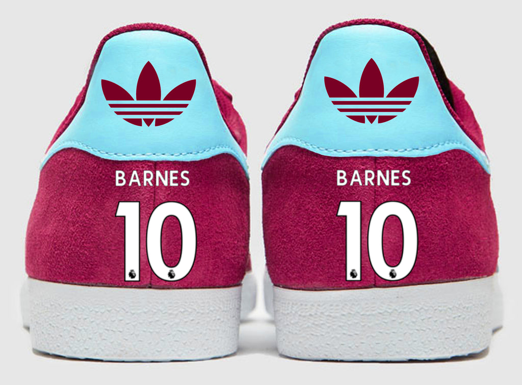 Limited edition Burnley FC Ashley Barnes inspired Claret / blue / white  Adidas custom Gazelle trainers / sneakers