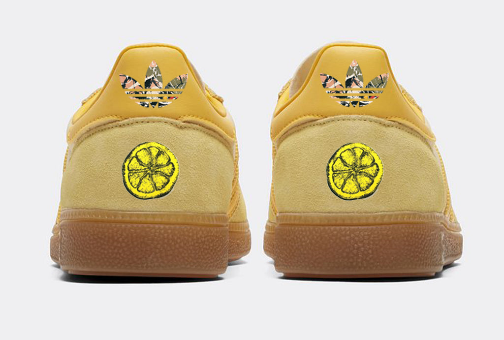 Limited edition The Stone Roses She bangs the drums custom adidas original yellow Handball Spezial trainers / sneakers.