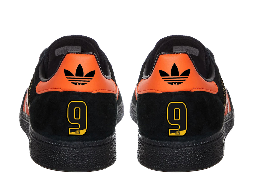 Limited edition Hull City FC Dean Windass inspired black / orange suede Adidas Handball Spezial trainers / sneakers