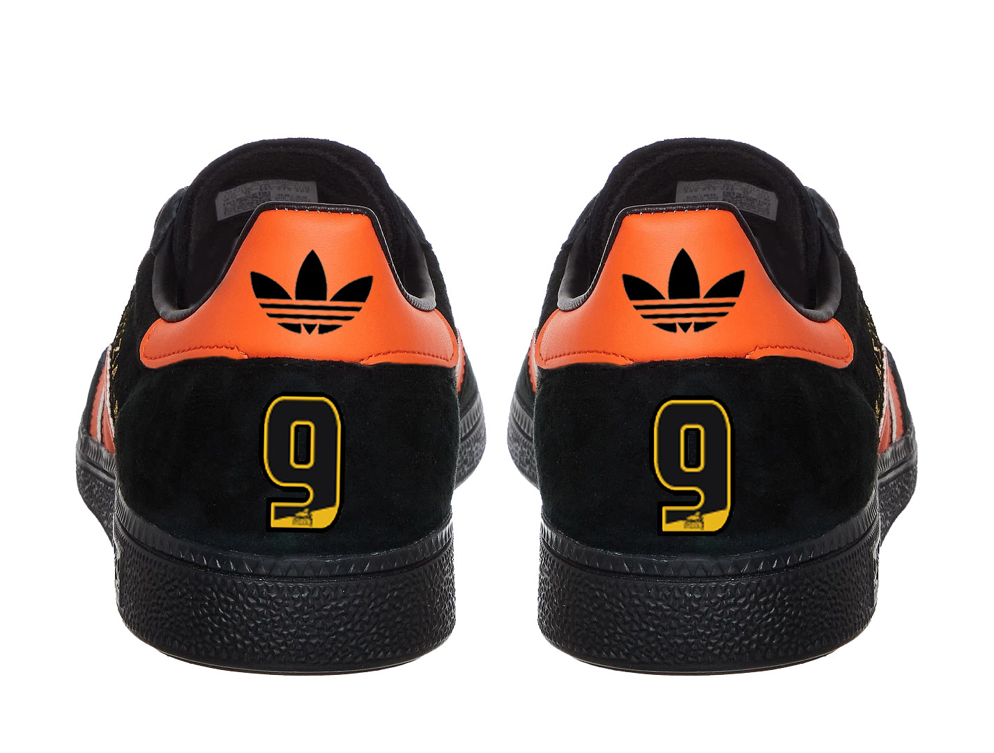 Limited edition Hull City FC Dean Windass inspired black / orange suede Adidas Handball Spezial trainers / sneakers