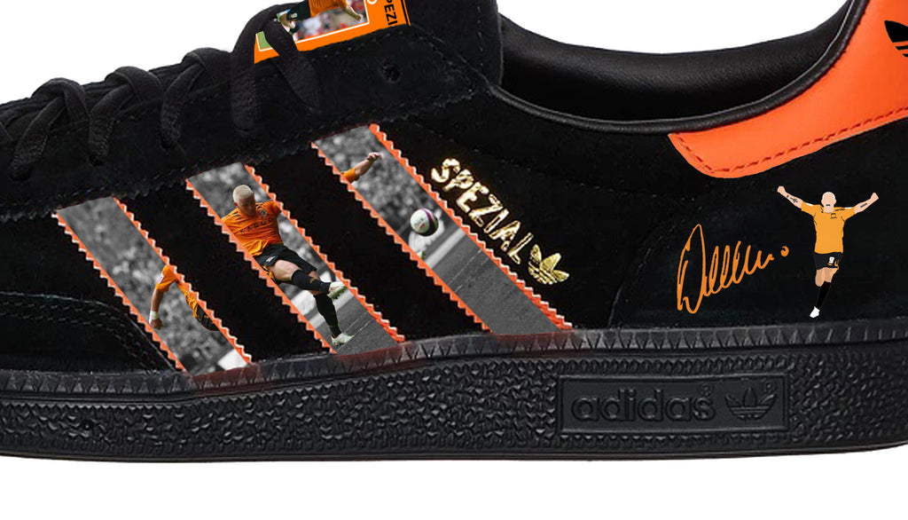Limited edition Hull City FC Dean Windass inspired black / orange suede Adidas Handball Spezial trainers / sneakers