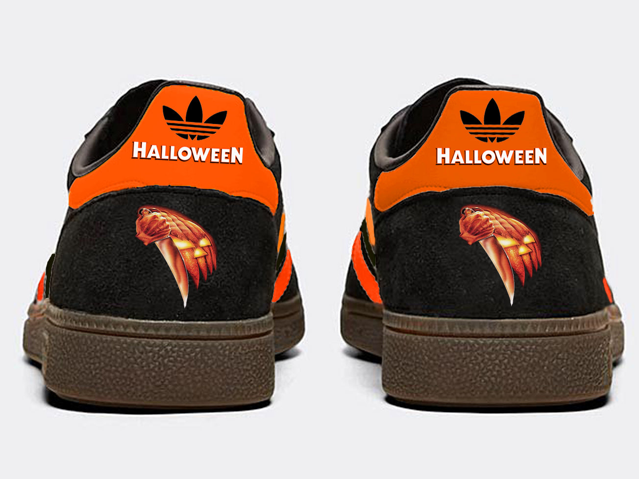 Limited edition John Carpenters Halloween horror movie black / orange Adidas custom Handball Spezial trainers / sneakers