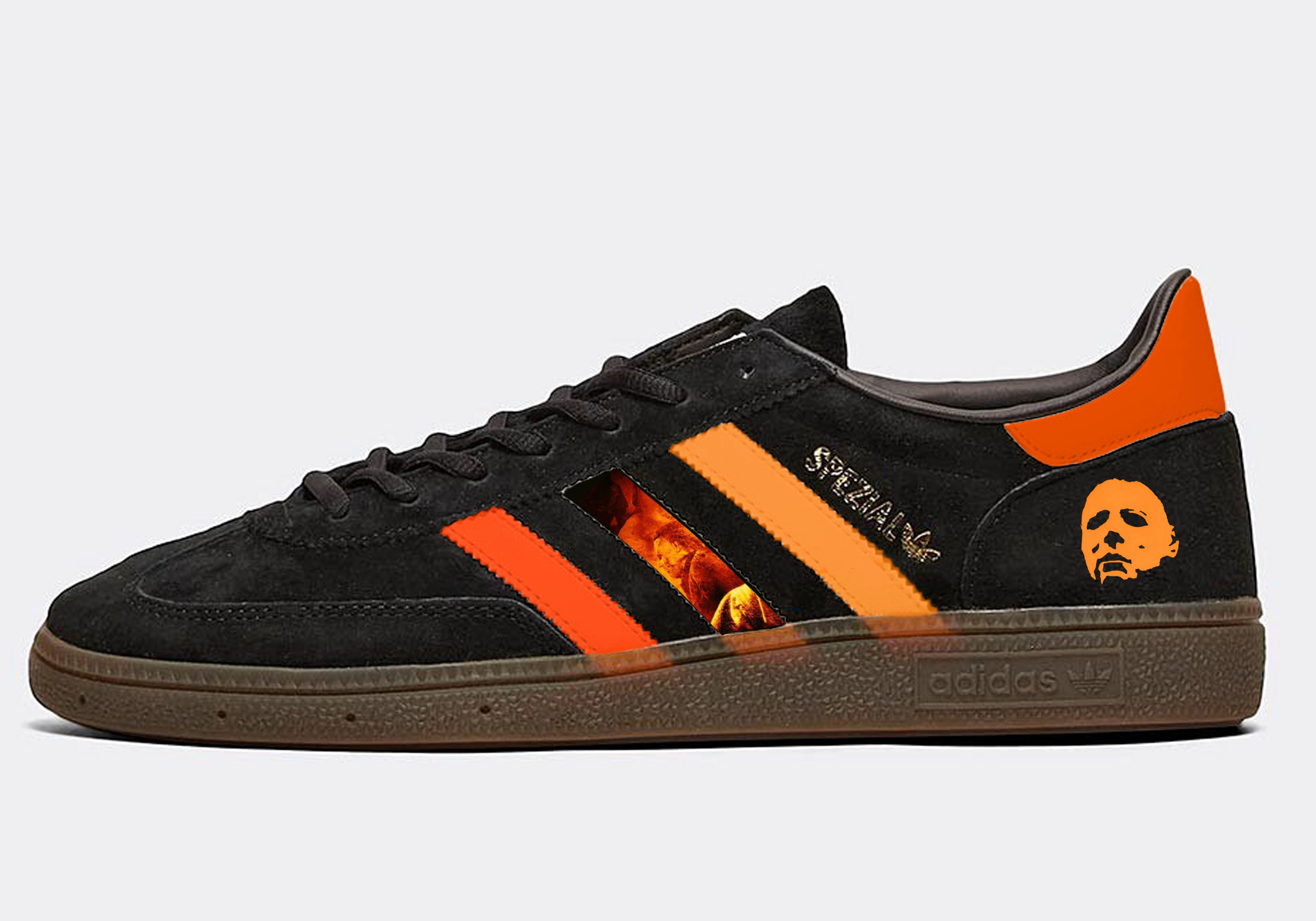 Limited edition John Carpenters Halloween horror movie black / orange Adidas custom Handball Spezial trainers / sneakers