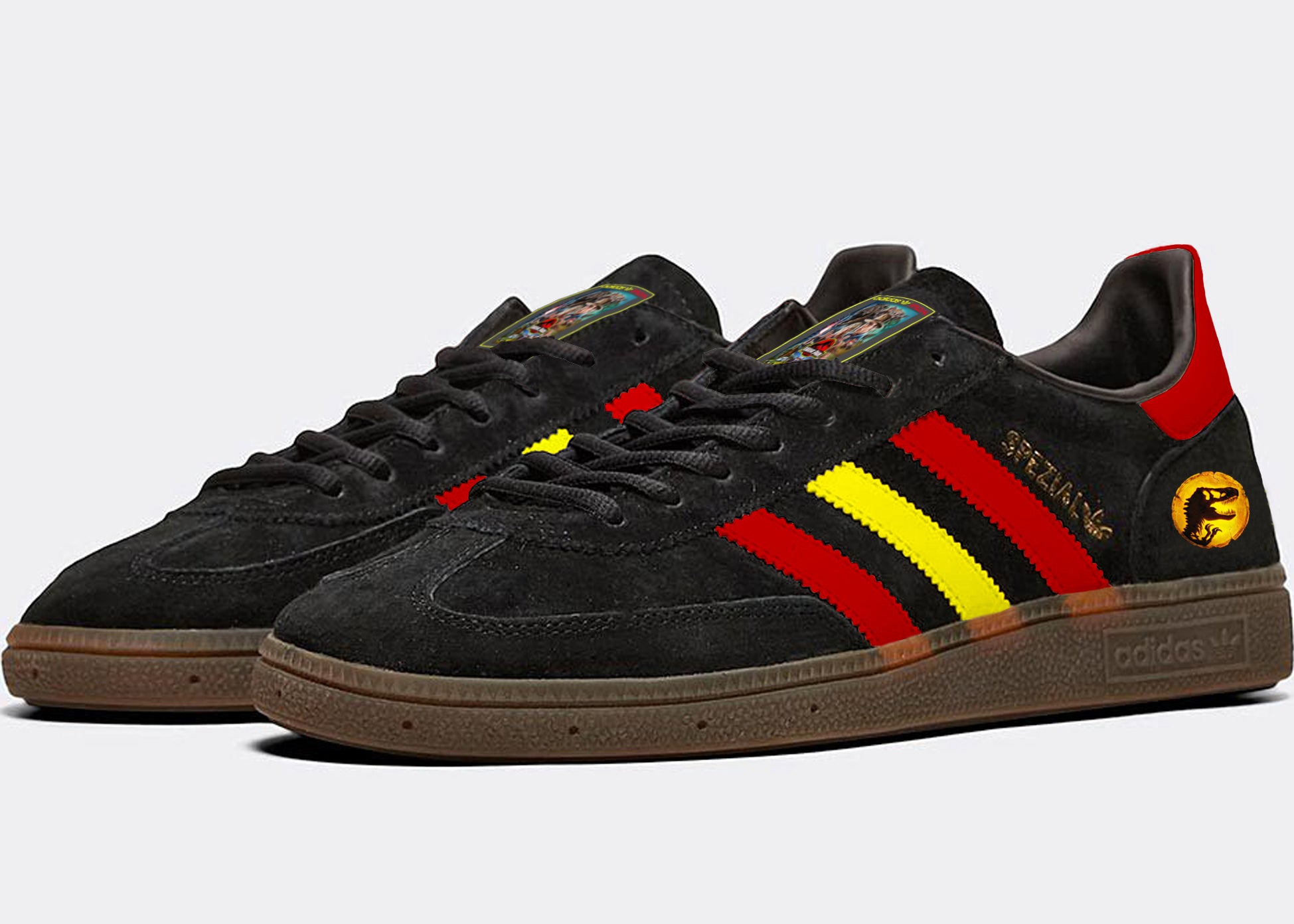 Limited edition Jurassic Park inspired black / red/ yellow Adidas custom Handball Spezial trainers / sneakers