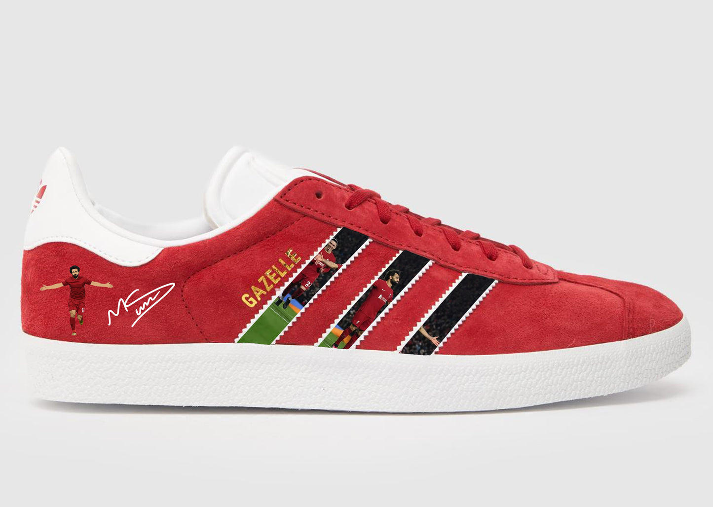 Limited edition Liverpool FC Mo Salah inspired red / white Adidas custom Gazelle trainers / sneakers