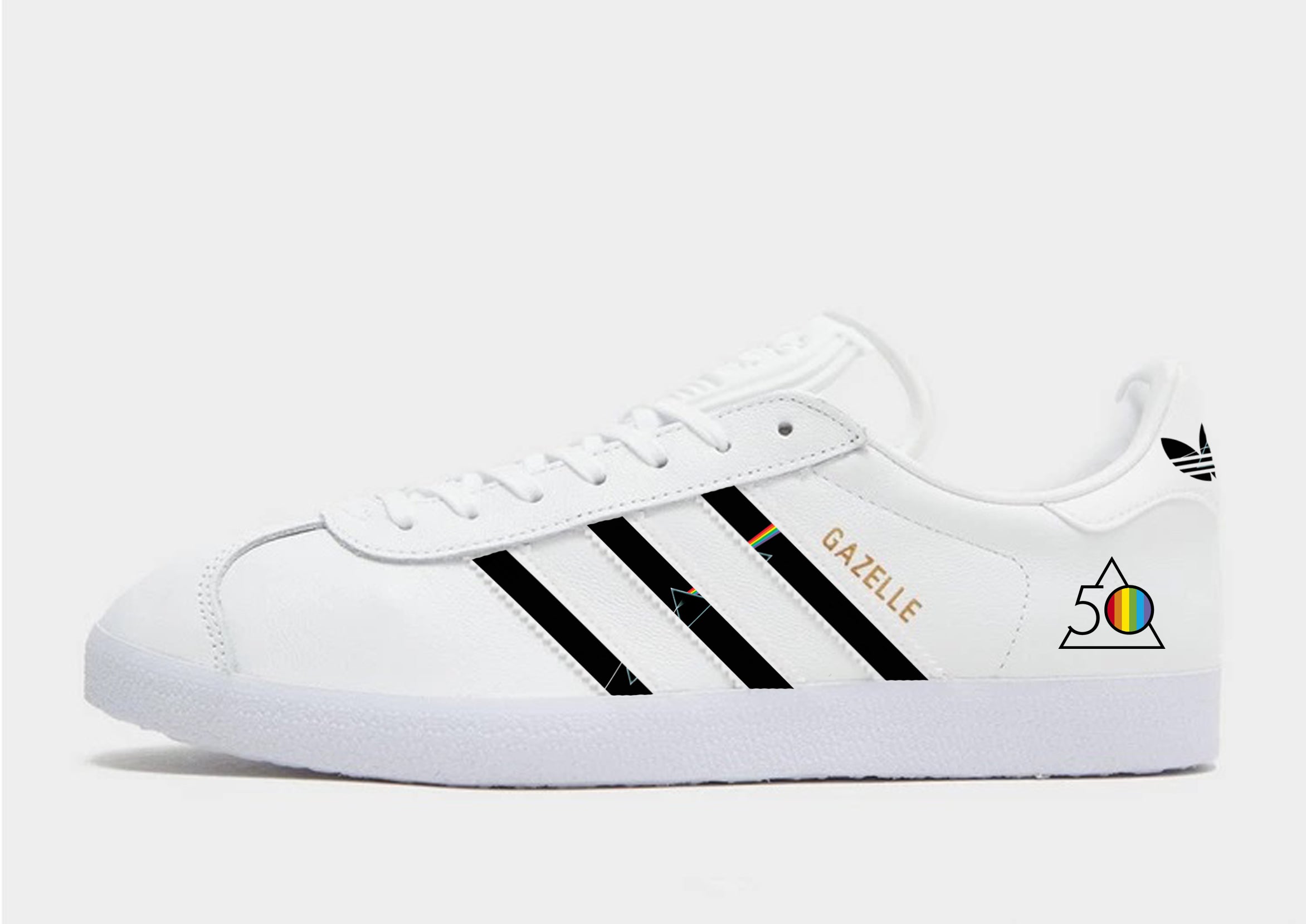 Limited edition Pink Floyd The Dark side of the moon 50th anniversary custom adidas originals white Gazelle trainers / sneakers