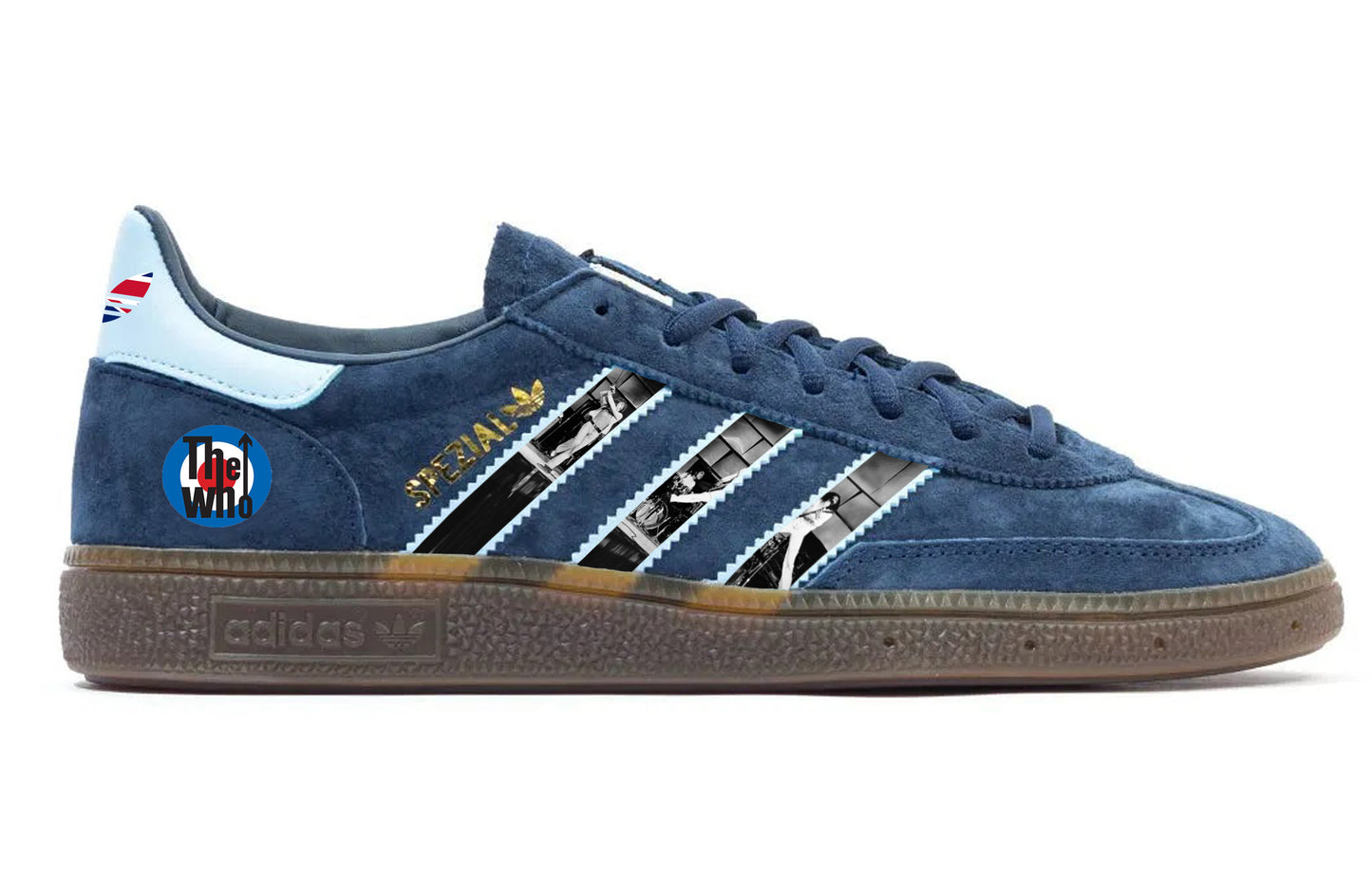 Limited edition The Who inspired navy blue /sky blue Adidas custom Handball Spezial trainers / sneakers.