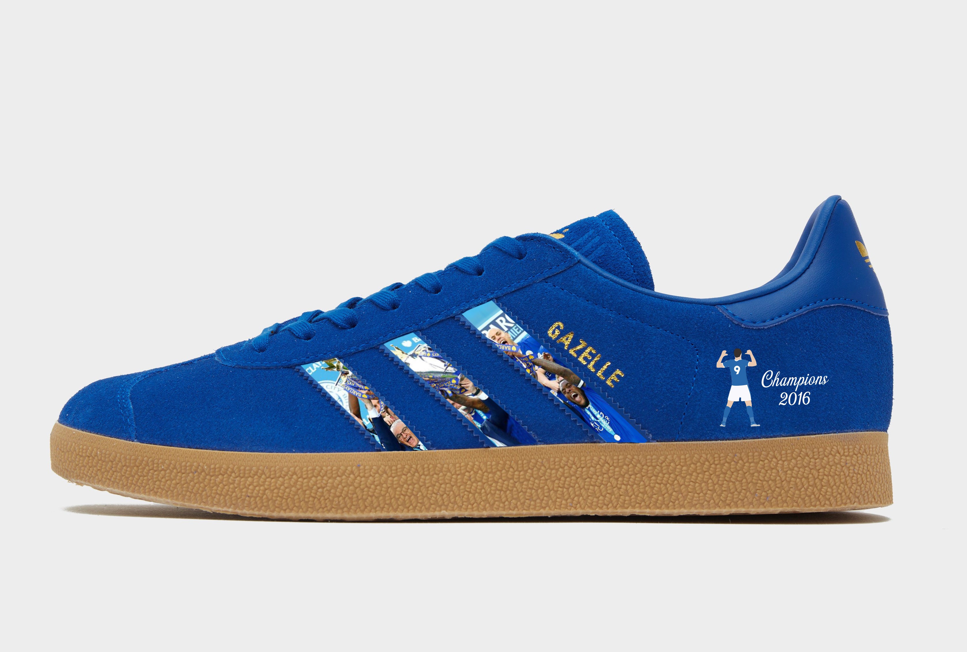 Limited edition Leicester City Champions 2016 inspired Blue / Gold Adidas custom Gazelle trainers / sneakers