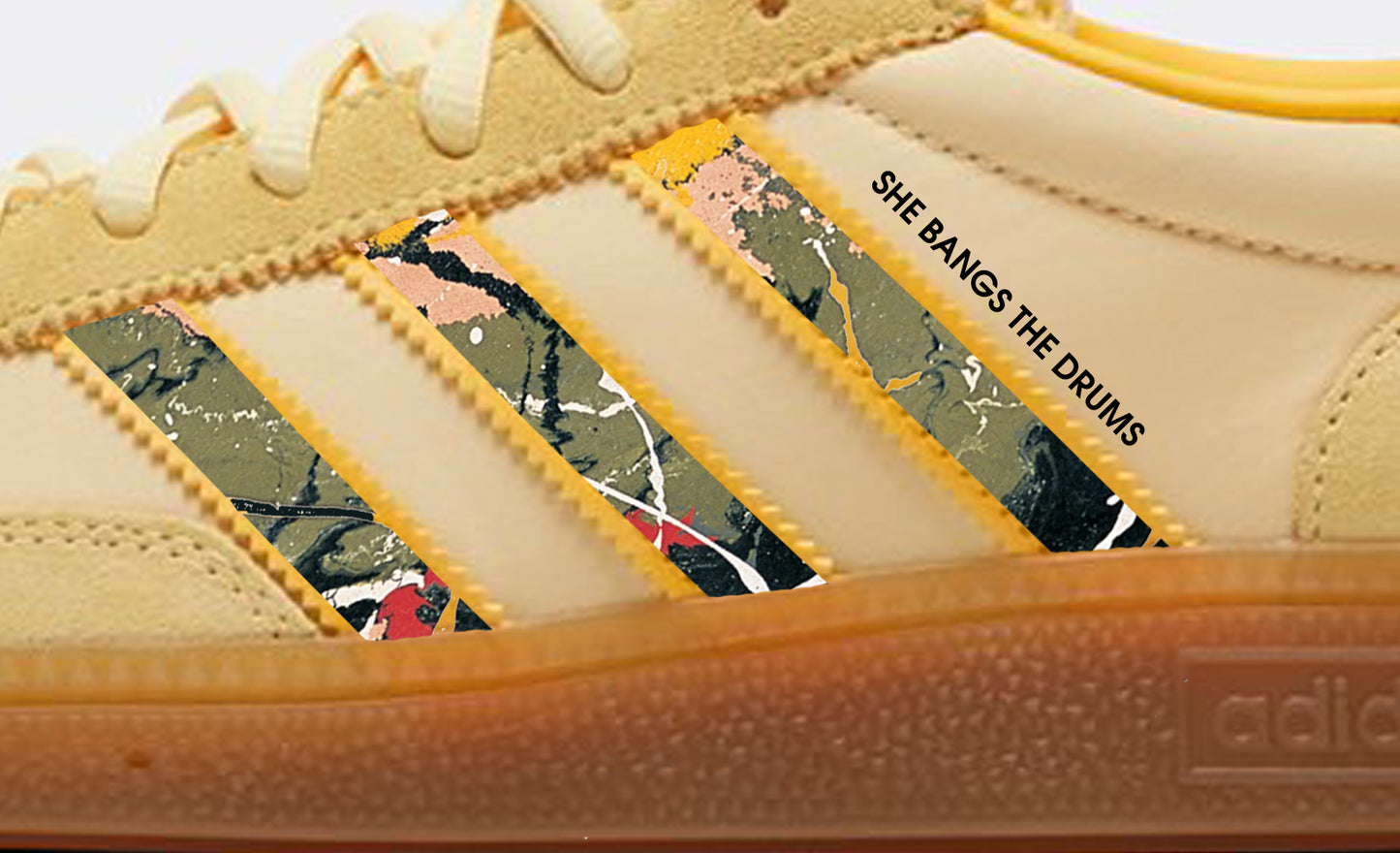 Limited edition The Stone Roses She bangs the drums custom adidas original yellow Handball Spezial trainers / sneakers.