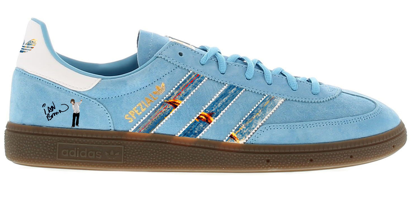 Limited edition The Stone Roses Fools gold light blue / white Adidas custom Handball Spezial trainers / sneakers