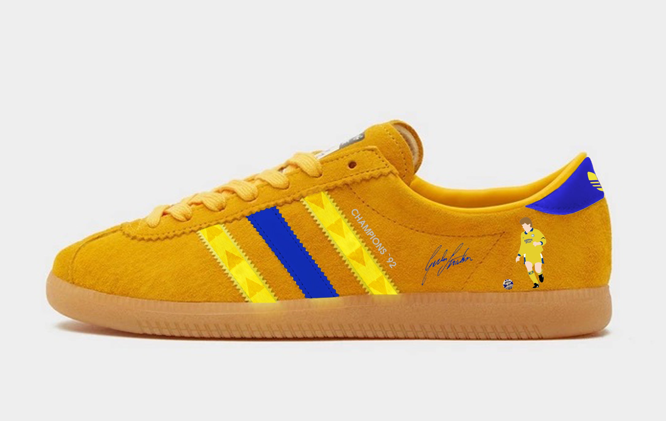 Limited edition Leeds Utd FC retro Gordon Strachan yellow / blue Adidas custom Sunshine trainers / sneakers