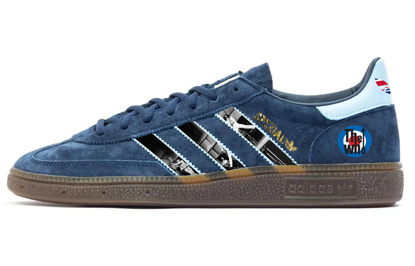 Limited edition The Who inspired navy blue /sky blue Adidas custom Handball Spezial trainers / sneakers.